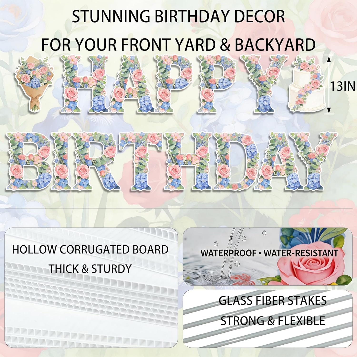 Floral Happy Birthday Yard Signs - 13 Inch Large Birthday Lawn Decorations with Stakes, Double-Sided Print Hollow Corrugated Plastic Yard Signs for Outdoor Birthday Party