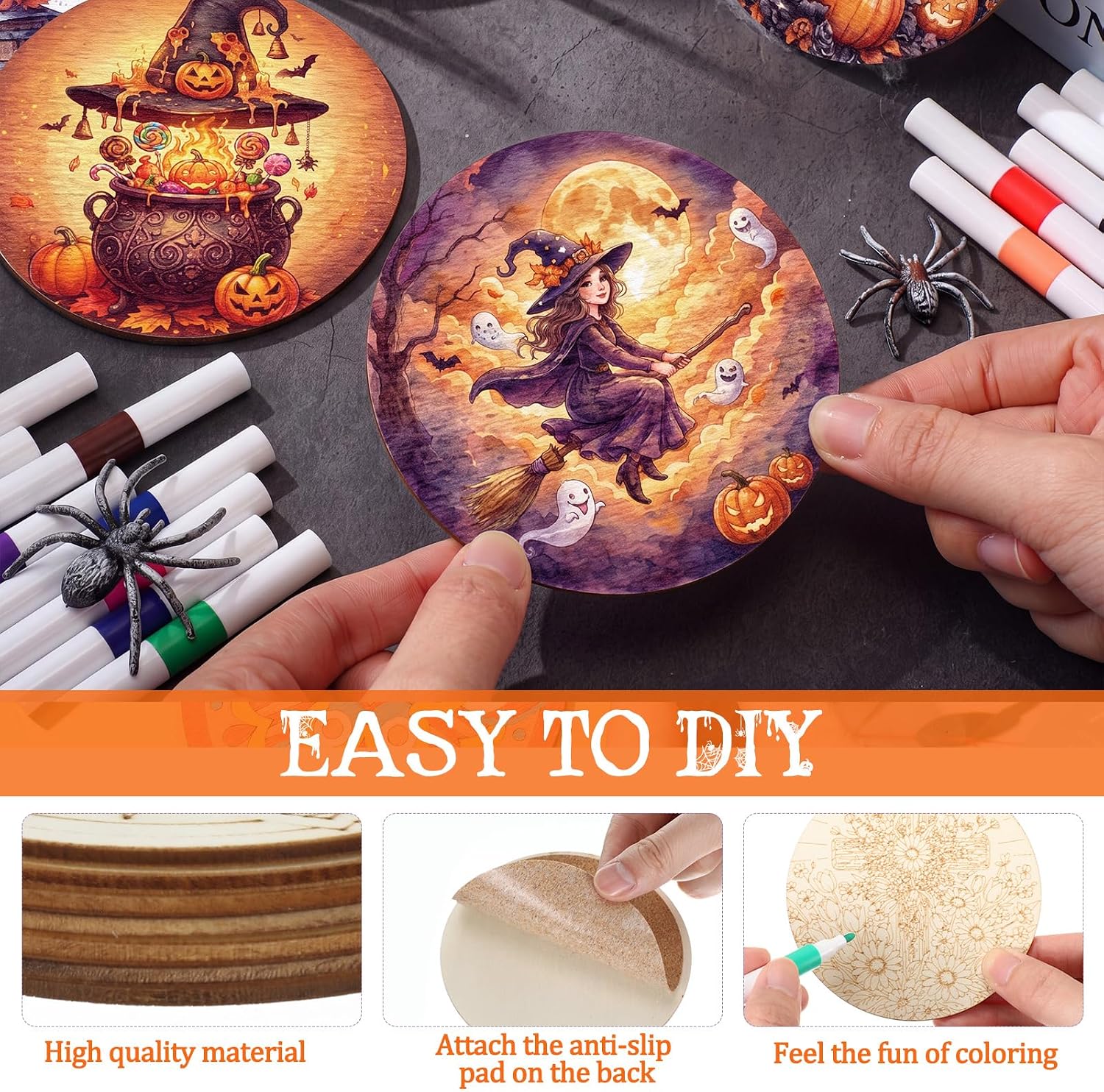 45 Pcs Halloween Wooden Coaster Painting Kit, DIY Craft Set