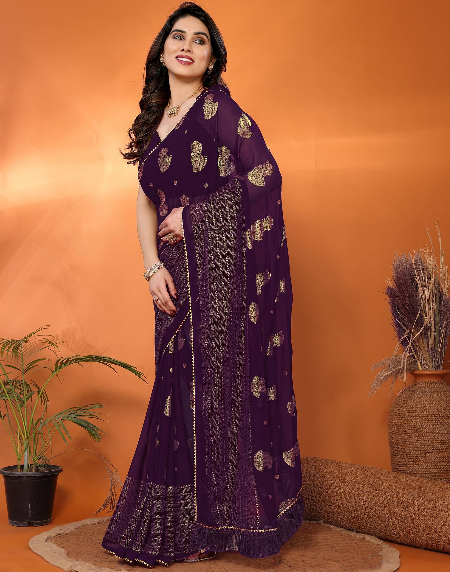 SIRIL Women's Georgette Foil Printed Saree with Unstitched Blouse Piece (4256S673_Purple) - Image 2 thumbnail