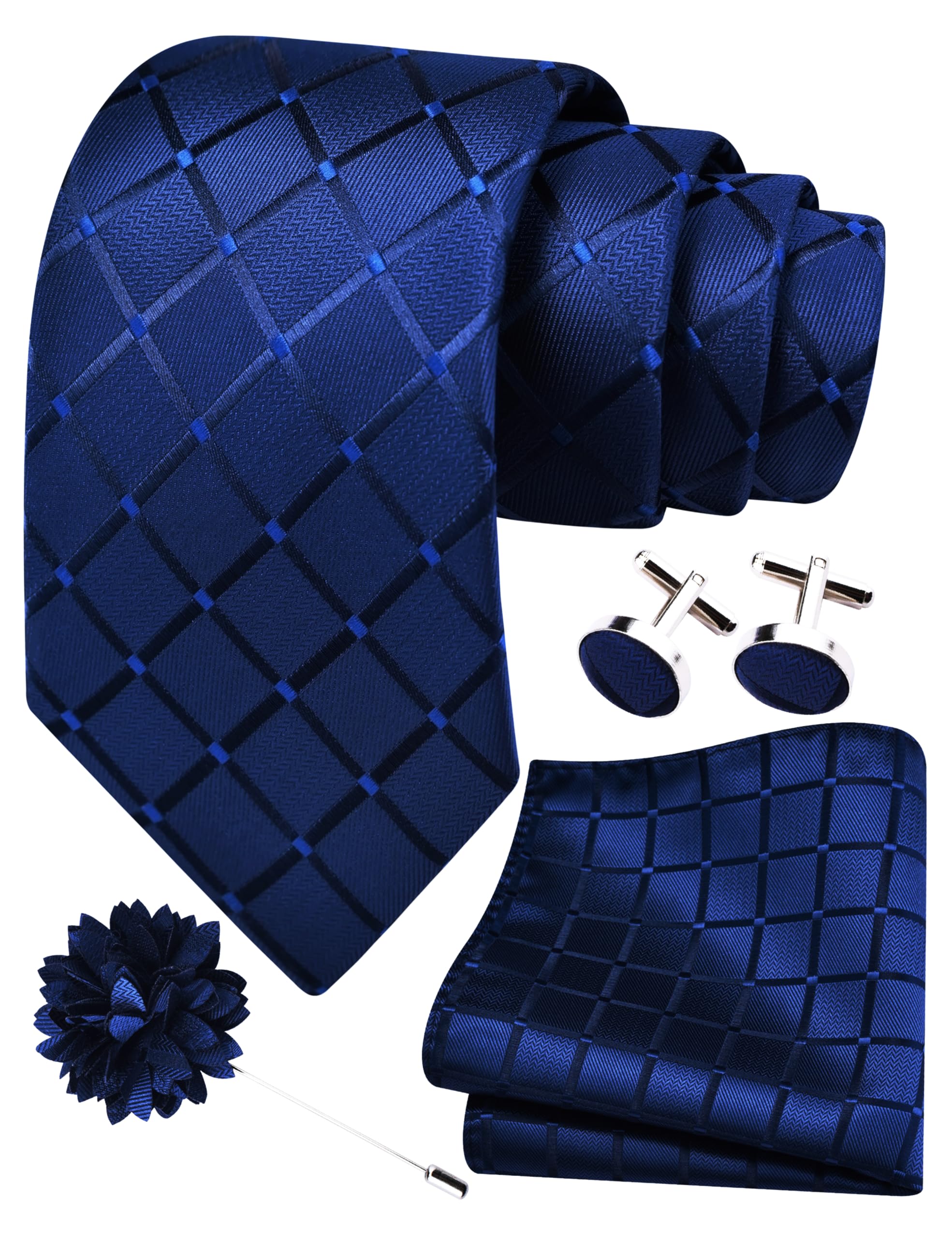 3.15"（8cm） Mens Tie and Lapel Pin Plaid Checkered Necktie Hankerchief Cufflinks Set for Men-image-19