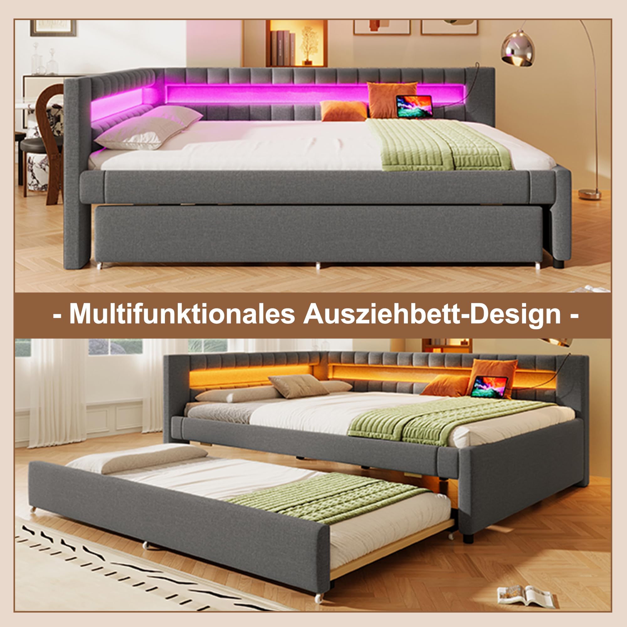 Lubvtti Divano letto 140×200 cm, testiera a L con striscia luminosa a LED, Divano letto con letto estraibile 90×190, Letto matrimoniale con porta USB, Tessuto in lino, Grigio (materasso non incluso)