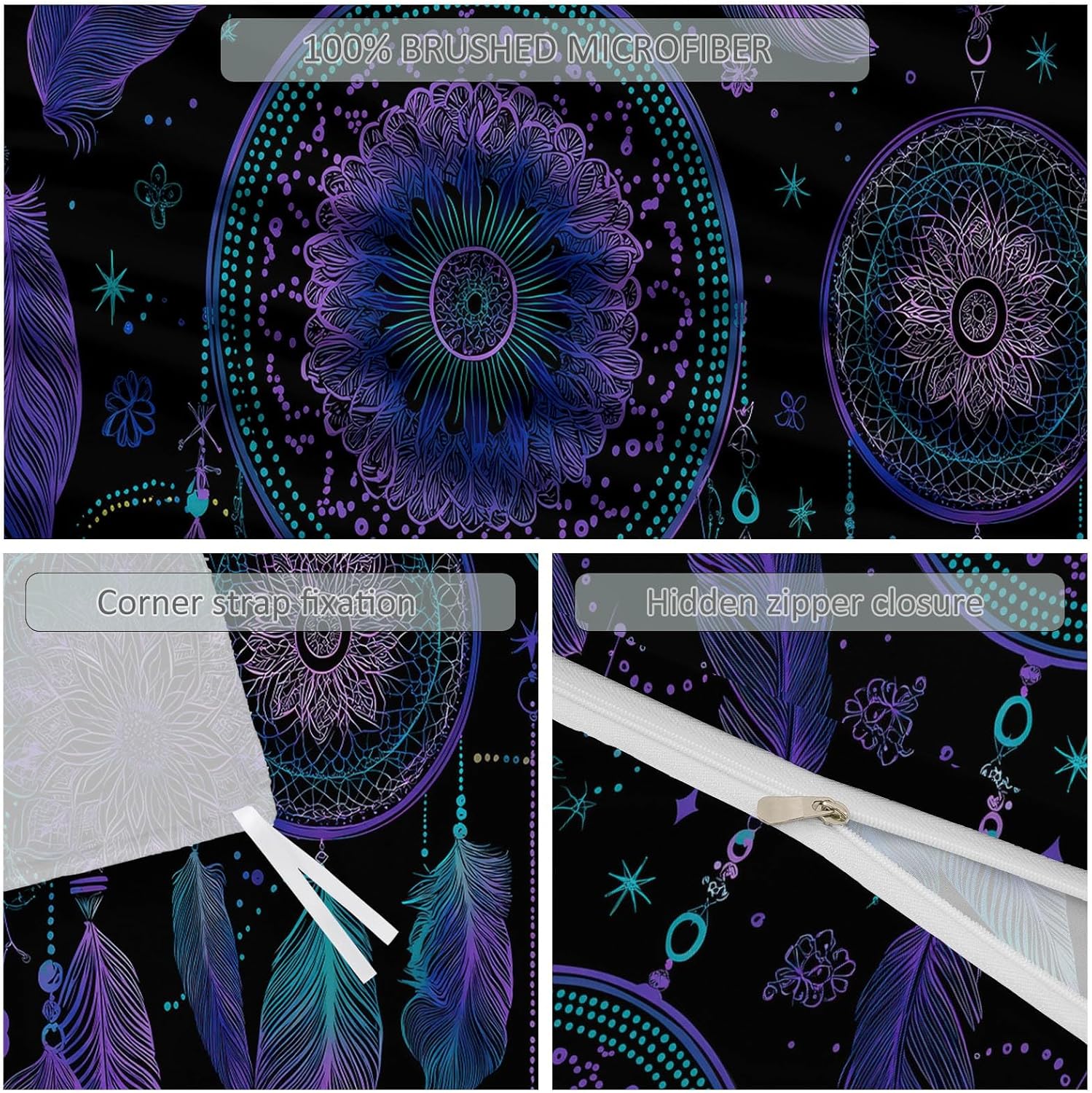 Duvet Cover Sets Fantasy Bohemian Dreamcatcher Feather Reversible Bedding Printed Sets, King Size 104"x90" Bedding for Kids Boys Girls Adult, Quilt Cover with Zipper Closure 4 Ties, Purple