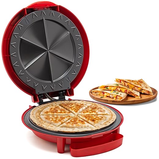 Elite Gourmet EQD-118 Electric Non-Stick 11" Quesadilla Maker, Easy-Slice 6-Wedge, Grilled Cheese Corn Flour Tortilla Snacks, Red