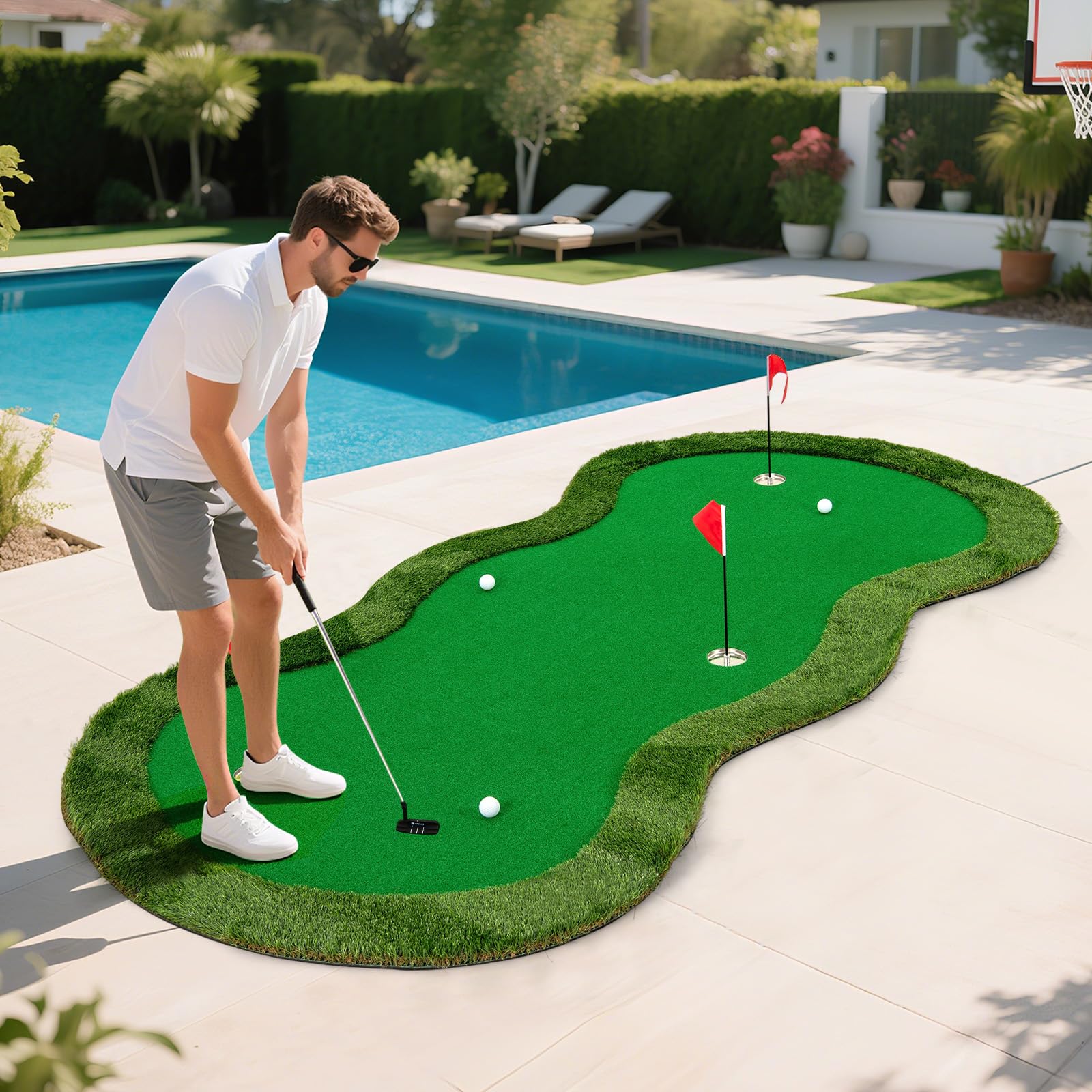 COSTWAY Putting Green, Tappetino da Interno per Putting con 3 Buchi e Palline da Golf, Tappetino da Golf per Casa, Ufficio, Giardino e Patio, 300 cm x 150 cm