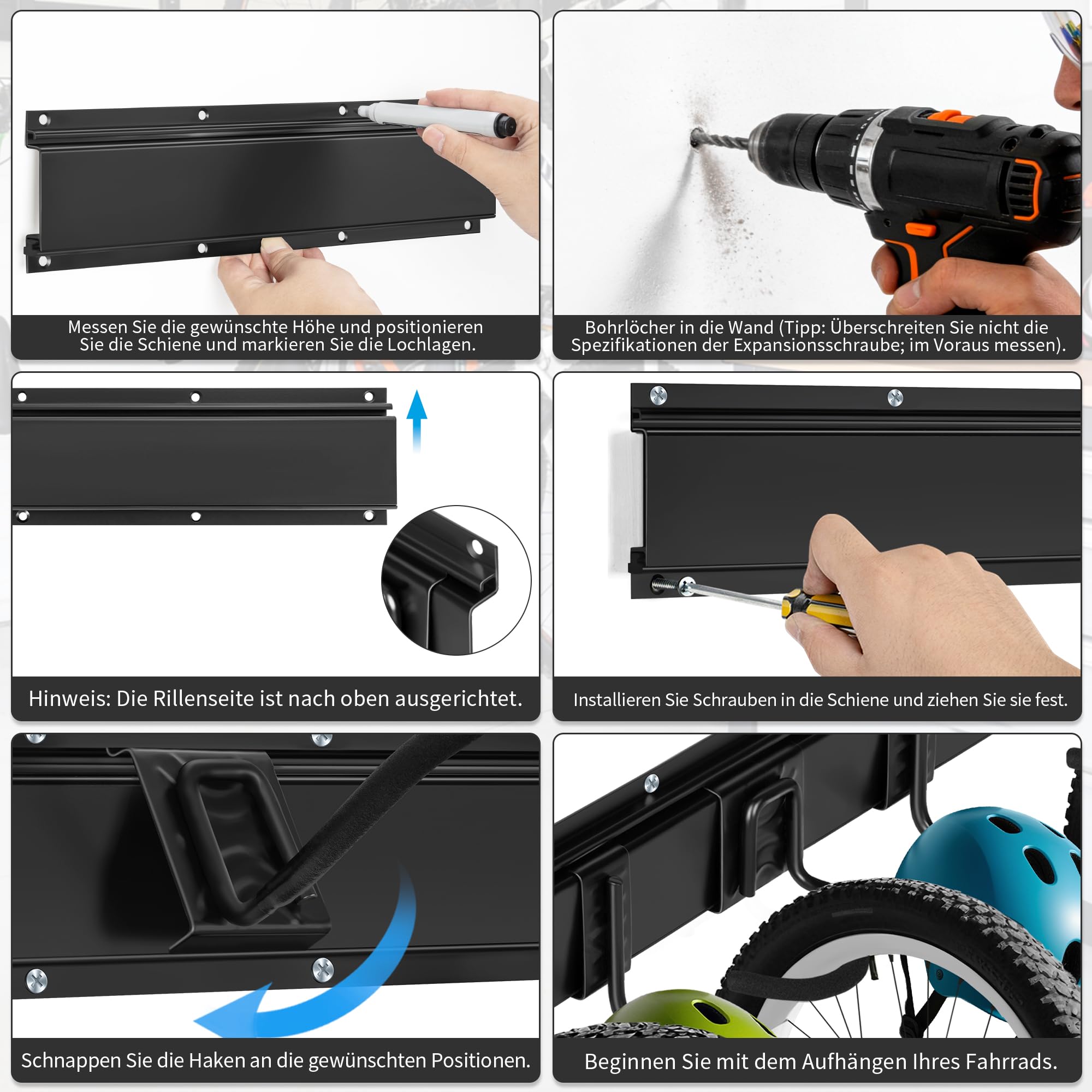 Fahrrad Wandhalterung, für 6 Fahrräder und 3 Helme Fahrrad Haken,Schwarz | Wand Fahrradhalter für Garage und Zuhause,Fahrradständer Wandmontage mit Werkzeugaufbewahrungshaken,Geeignet für Kleine Räume