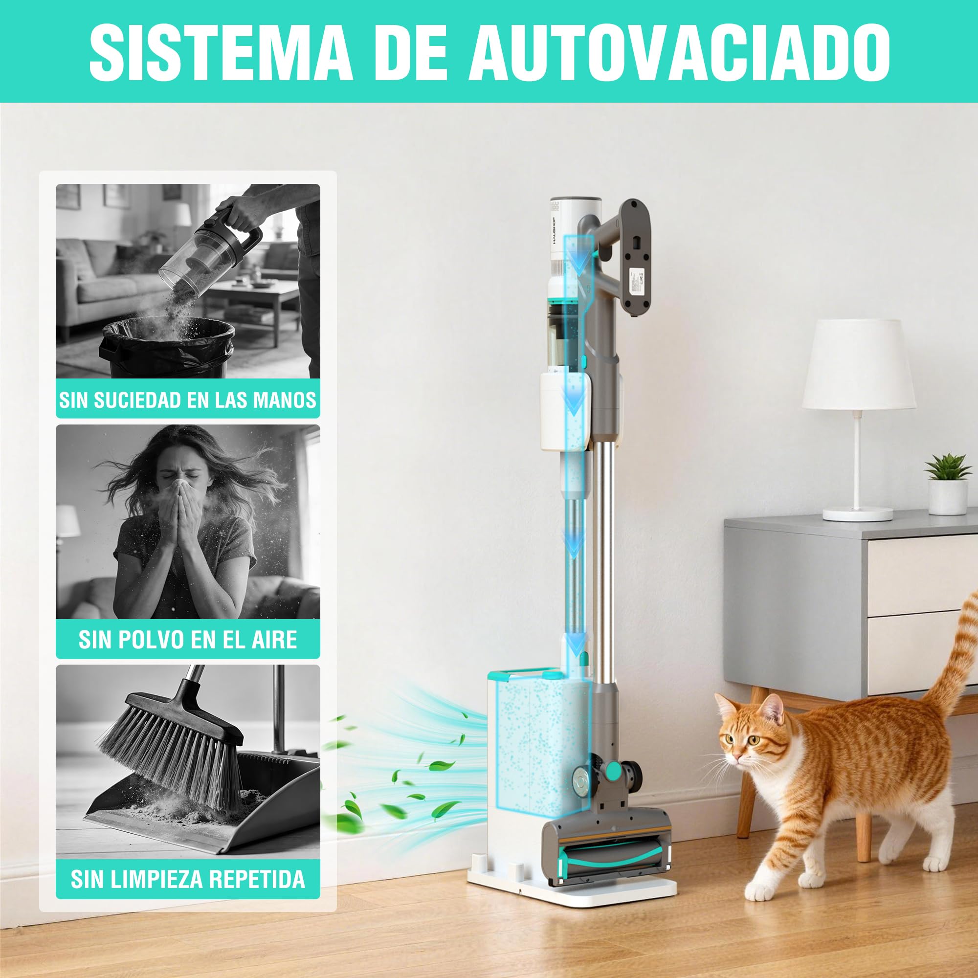 HAUSHOF Aspiradora Escoba sin Cable con Base de Autovaciado | Aspirador Vertical 3 en 1 de 24kPa y 250W con Cepillo en V, Luz LED Verde, Fragancia y Modo Nocturno para Pelo de Mascotas