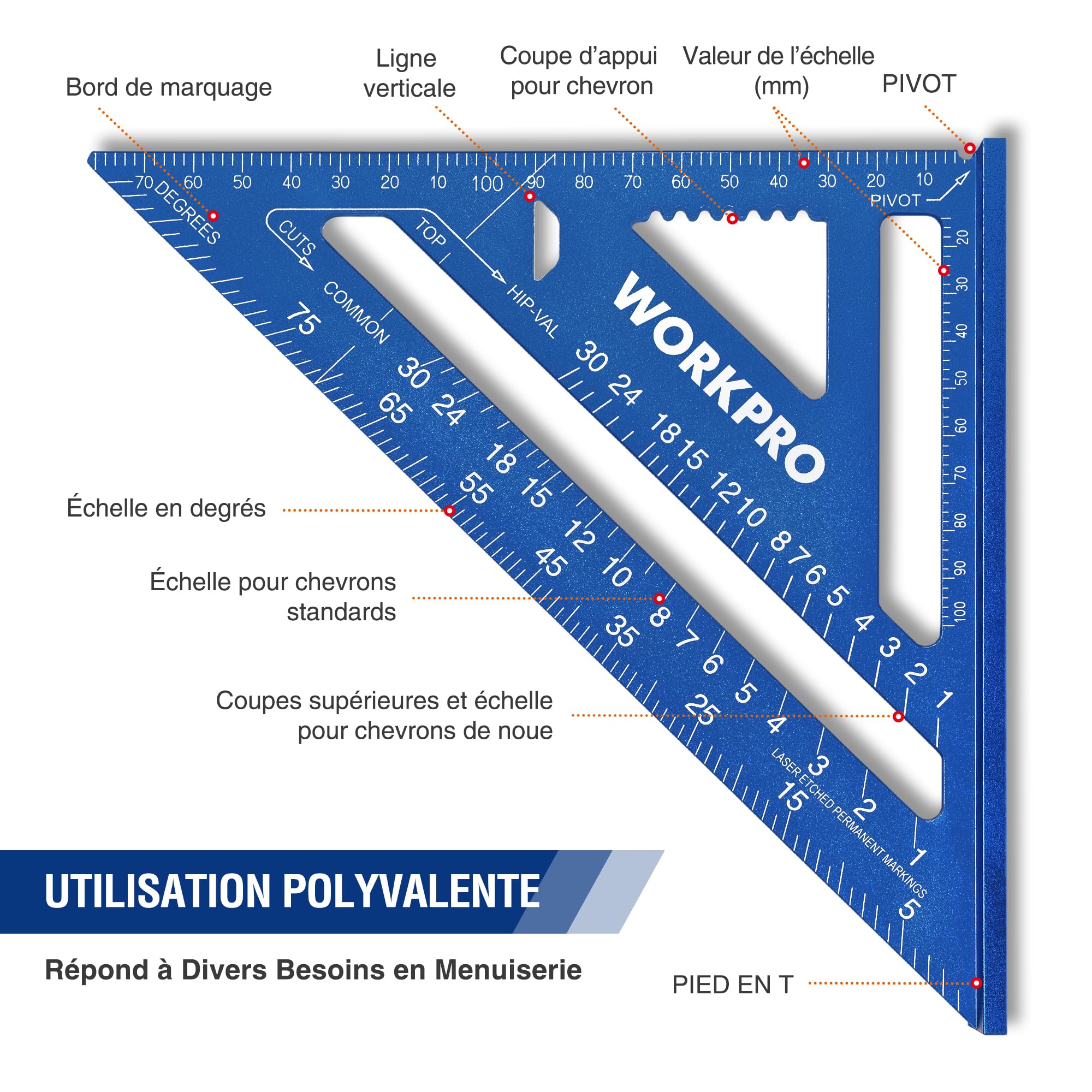 WORKPRO Equerre Menuisier 180 mm, Equerre de Charpentier Triangulaire en Alliage d'Aluminium, Equerre Multifonctionnels pour Bricolage, Outillage, Menuiserie (Métrique)