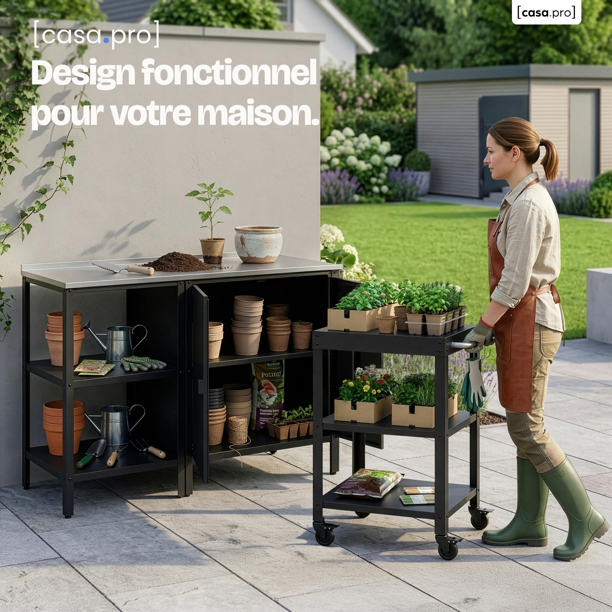Ensemble de 3 Meubles Outdoor Bolognano Armoire d'Extérieur Chariot Barbecue Acier Noir Mat