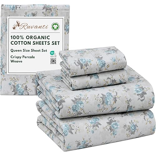 RUVANTI 100% Organic Cotton Sheets Queen Size, Percale Weave, GOTS Certified, 4-Piece Set, Deep Pocket 15", Crisp & Breathable, Soft Durable Bedding, Sábanas Algodón Orgánico – Blue Rose