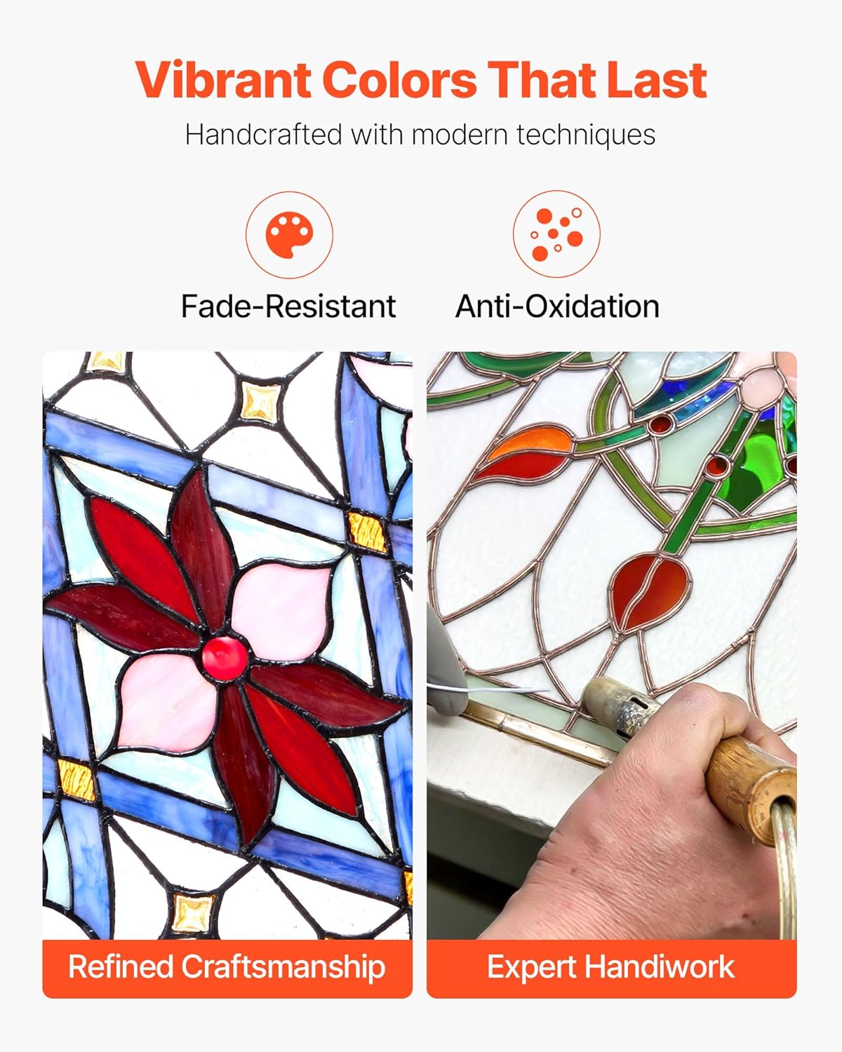 VEVOR Stained Glass Window Panel, 17 x 29 in, Tiffany Style Hanging Transom Window Panel with Chain, Large Vertical Rectangle Stain Glass, Vintage Traditional Art Handcrafts for Kitchen Home Decor