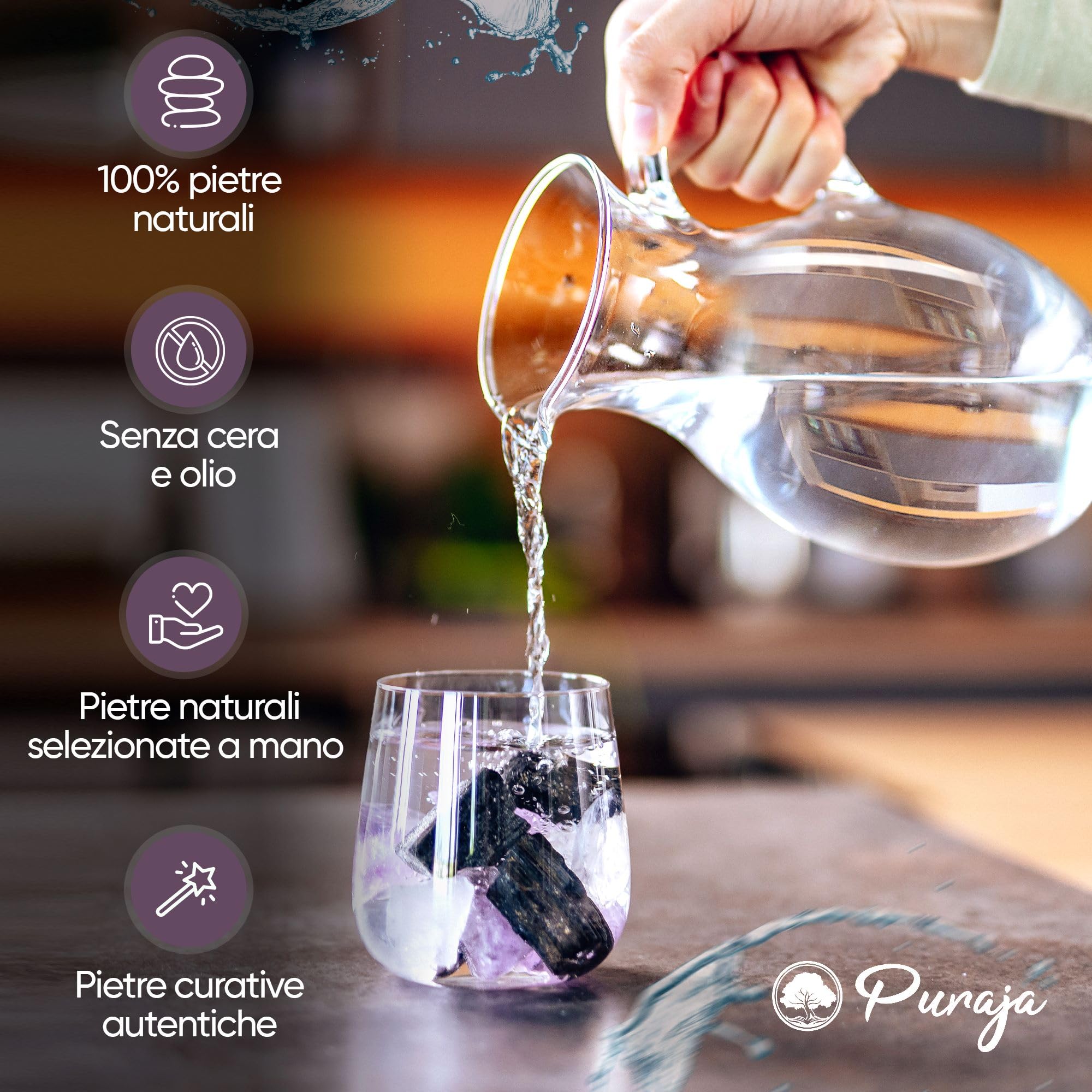 Miscela di pietre d'acqua Protezione e Liberazione | Set di pietre curative di qualità superiore, realizzato con gemme autentiche: Cristallo di rocca, Tormalina, Ametista