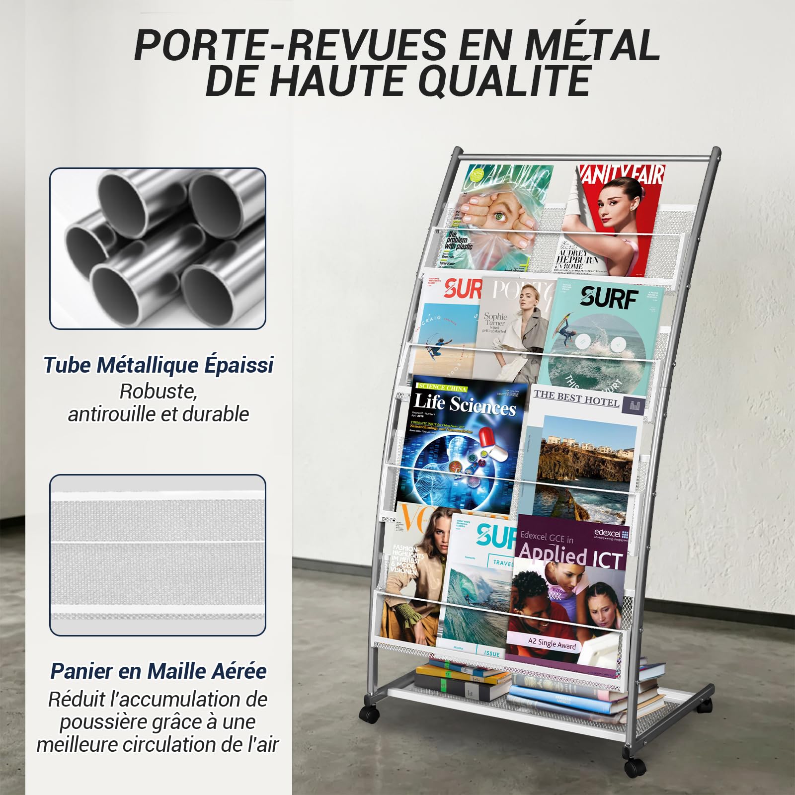SUNDOY Espositore con opuscoli e giornali su piedistallo, supporto inclinato per libri, riviste e cataloghi con 4 ripiani (argento, 4 strati, 59 cm di larghezza)