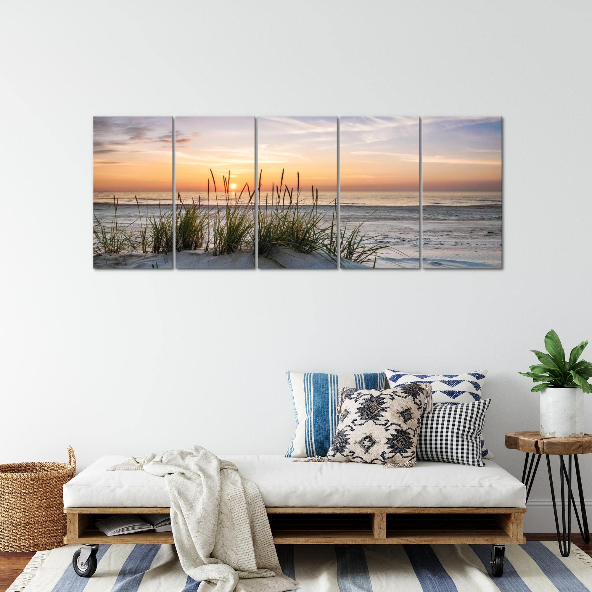 Runa Art Wandbild XXL Strand Sonnenuntergang Wohnzimmer 200 x 80 cm 5 Teilig - Made in Germany - 043755a