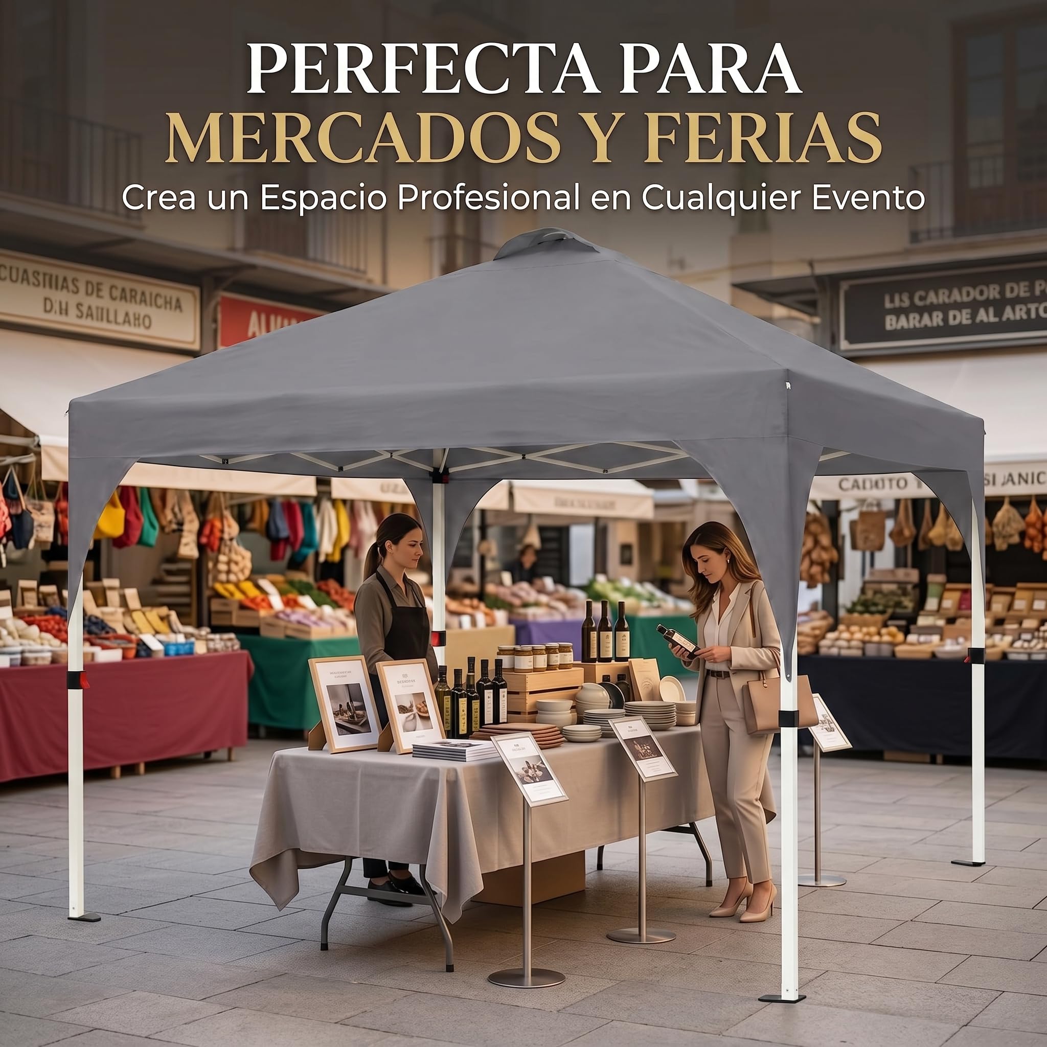 Garvee Carpa Plegable Comercial para Exteriores 3x3 m, Mecanismo de Bloqueo Central, Tejido Oxford 150D con Revestimiento de PU Impermeable, Diseño Ventana de Iglesia Europea, Altura 270 cm, Gris