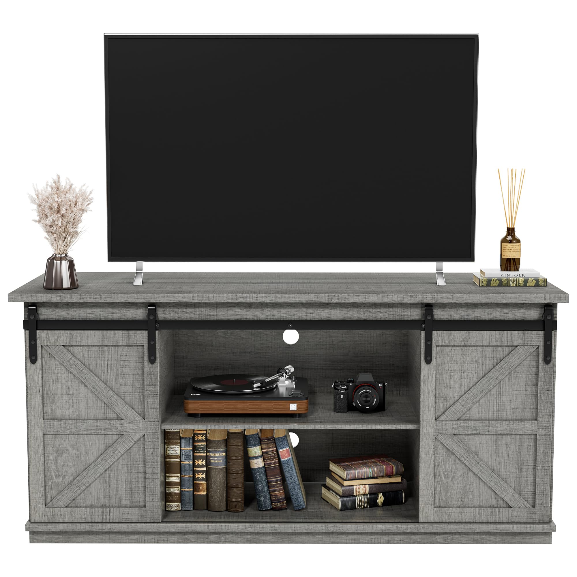 JUMMICO TV Stand for 65 Inch TV, Entertainment Center with Storage Cabinets and Sliding Barn Doors, Mid Century Modern Media TV Console Table for