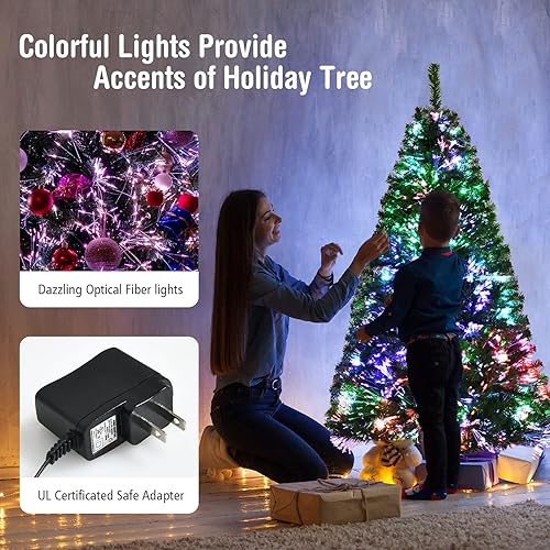 Miniatura 4 de GOFLAME Árbol de Navidad artificial preiluminado de 5 pies, árbol de Navidad de fibra óptica de alta calidad, árbol de Navidad de abeto navideño con