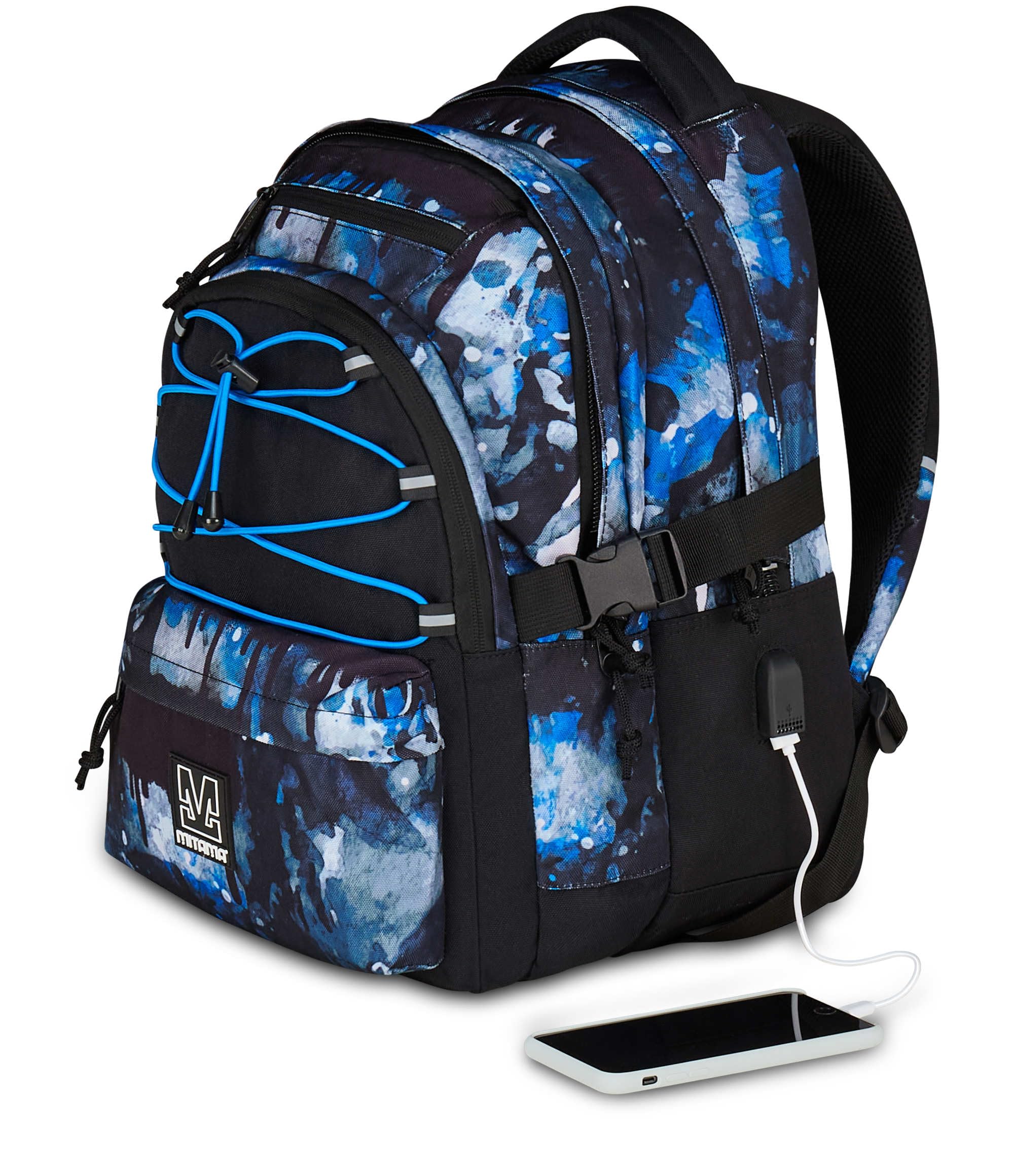 Mitama Zaino Scuola #BDBF BLUEDROPS, Blu, Zaino Triplo Scomparto, Tasca Porta Borraccia, Porta USB Integrata, Larghezza Regolabile, Zaino Scuola Media e Superiore, Ragazzo