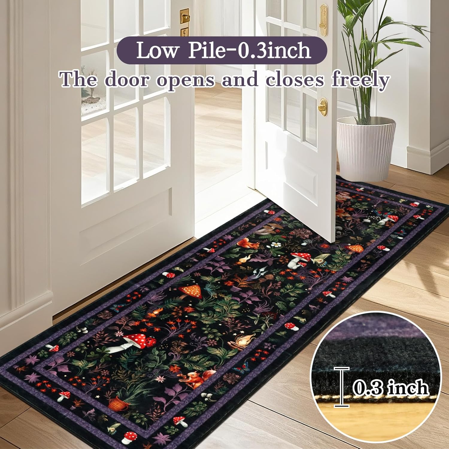 nerst Fantasy Mushroom Runner Rugs for Hallway 2x6ft, Non Slip Botanical Kitchen Rug Washable, Soft Thin Plant Bedside Runners, Cute Woodland Floor Carpet for Bedroom Hall Bathroom Laundry (Black)