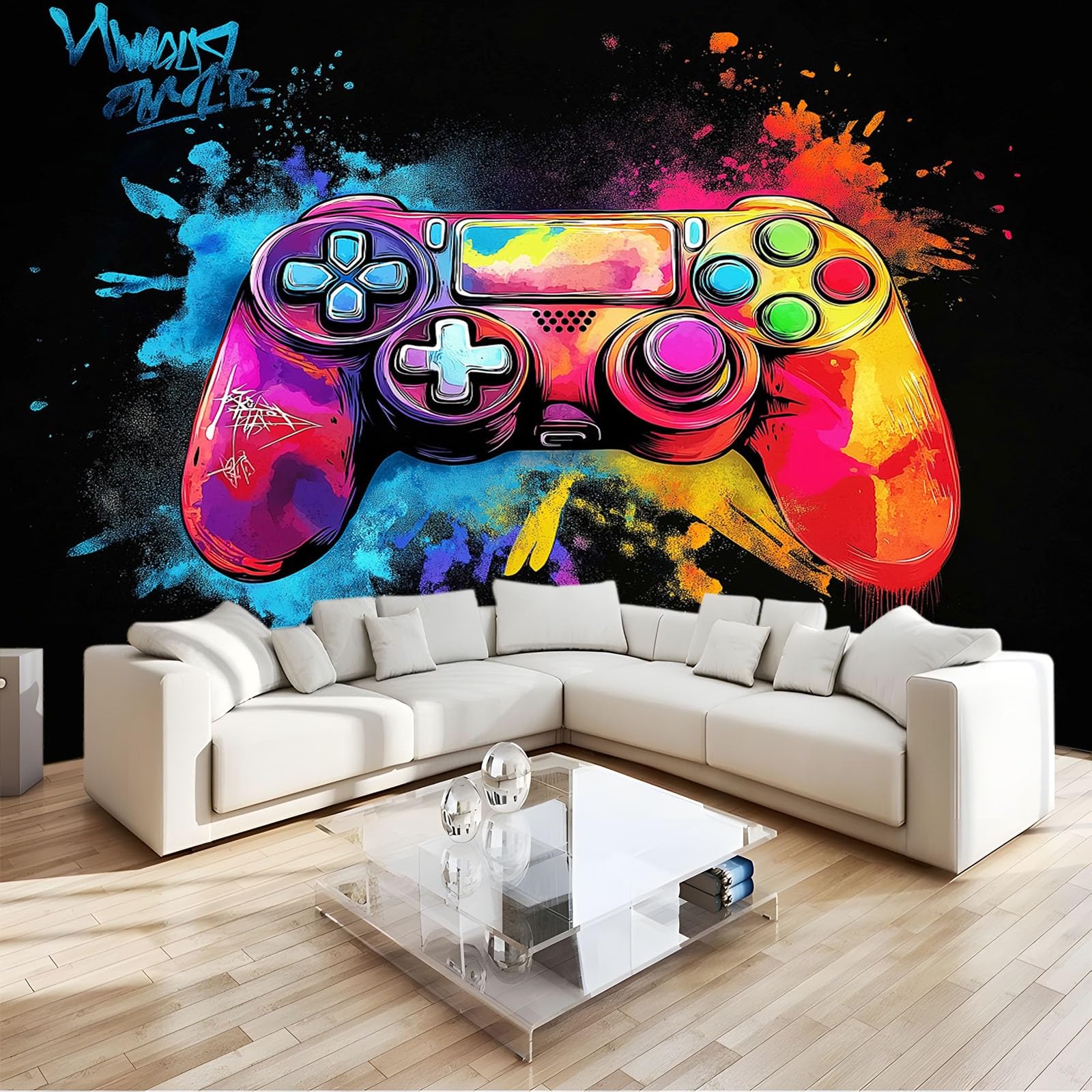 Papier Peint Graffiti coloré pour chambre d'enfant - Déco murale gaming salon 300x210 cm