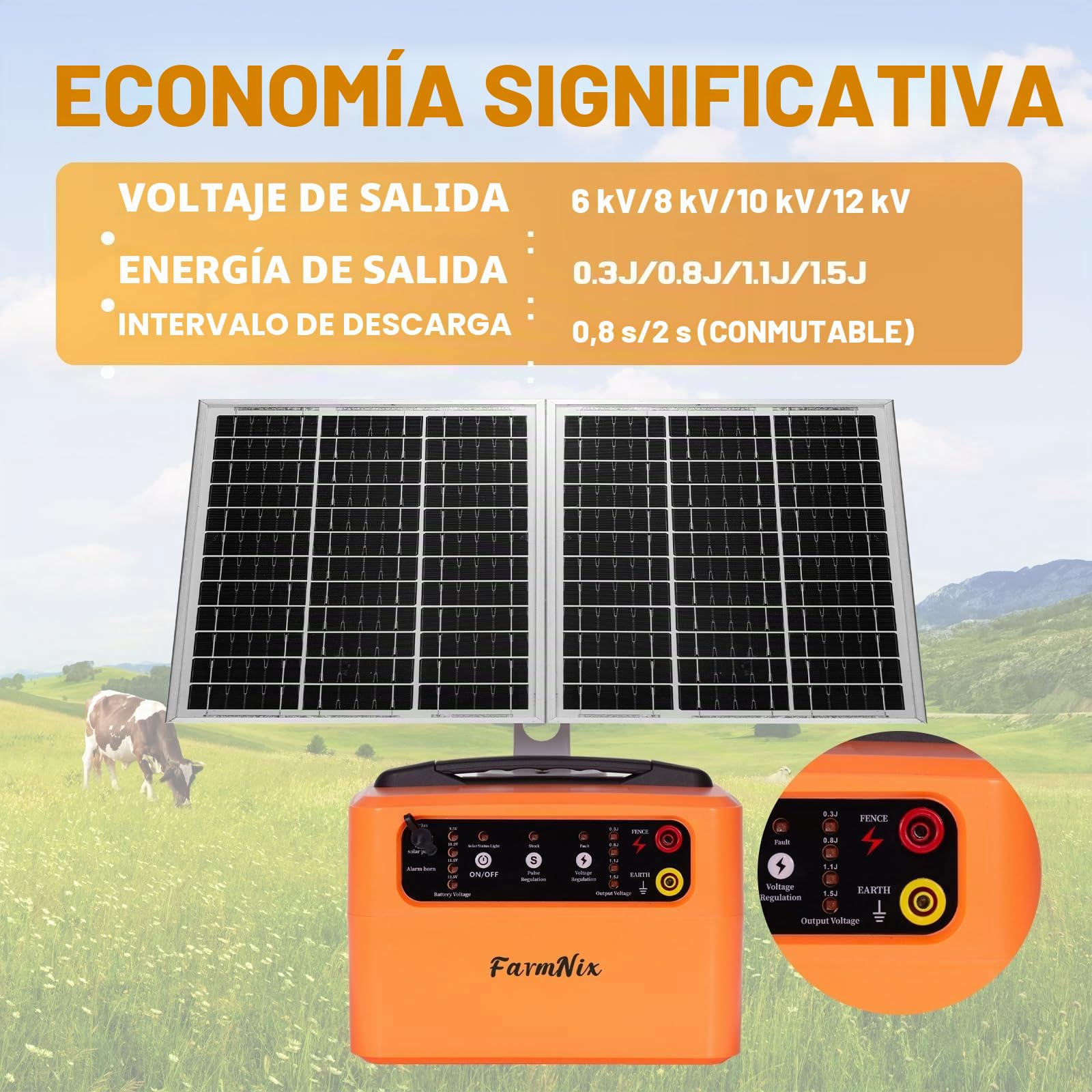 48KM Solar Pastor Electrico, 6KV-12KV pastor electrico Cerca eléctrica Controlador, 0.3-1.5J Cerca eléctrica Pastor para Cría de animales pastores, para Granja Pastar Jardín