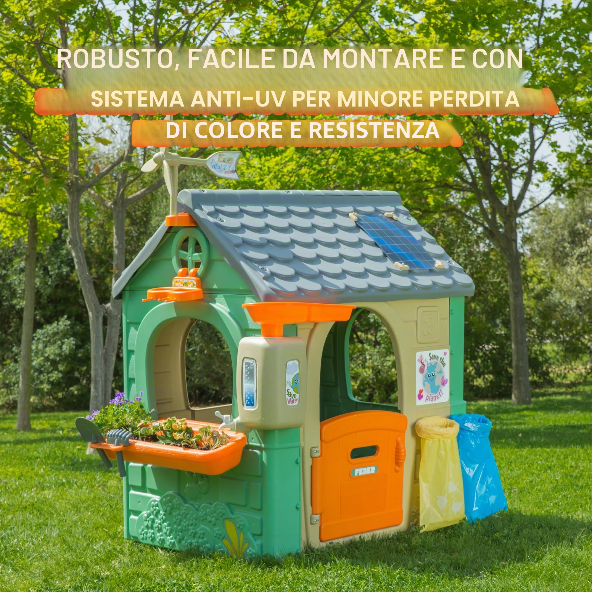 FEBER – Casa Recycle, casa in plastica riciclata, con porta apribile, colori luminosi e resistenti alla luce del sole, facile da montare, per bambini/e da 3 anni, Famosa (FEH26000)