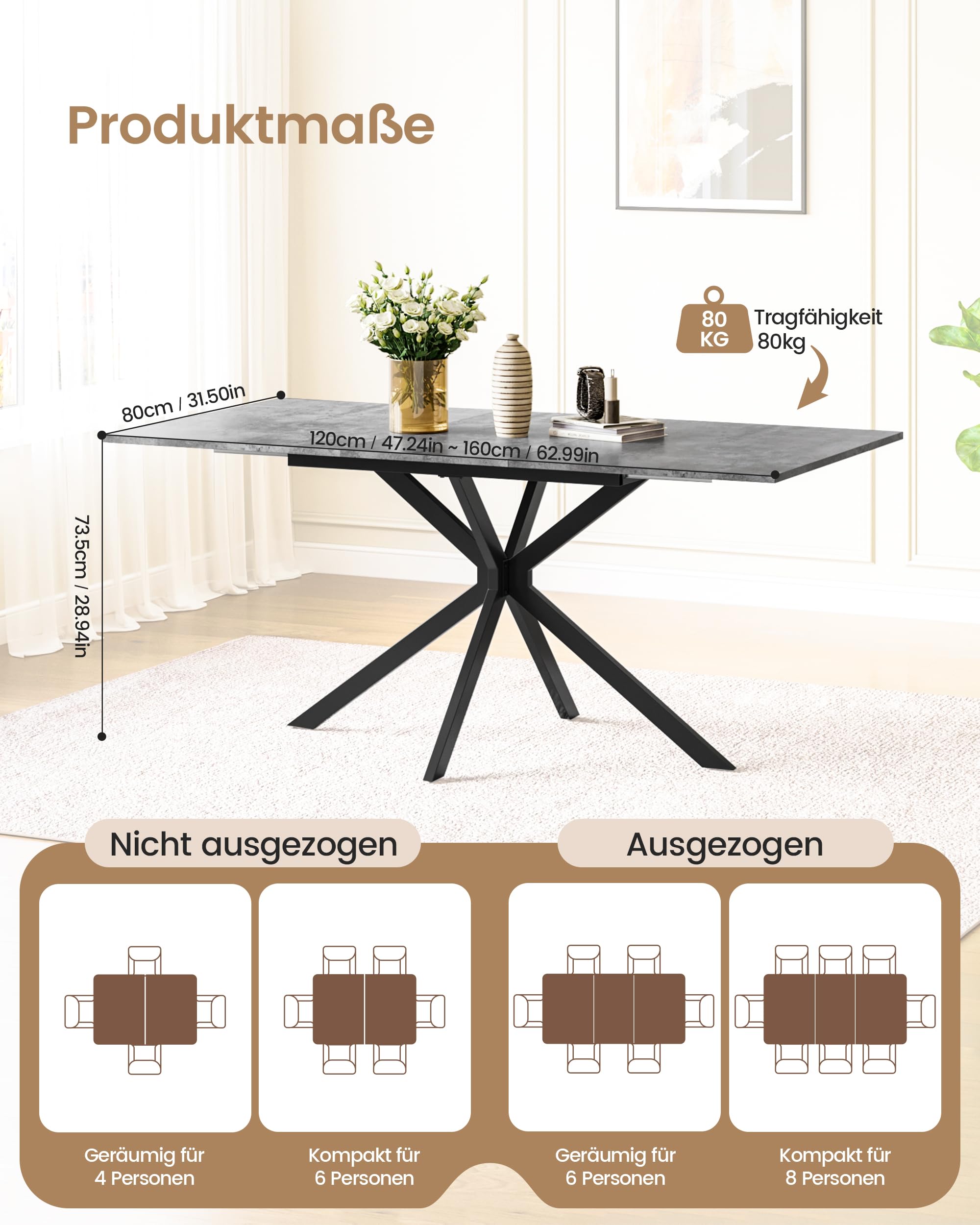 Ausziehbarer Esstisch Betonoptik 120–160x80x73,5cm für 4–8 Personen | Küchetisch Esszimmertisch für Esszimmer, Küche und Wohnzimmer