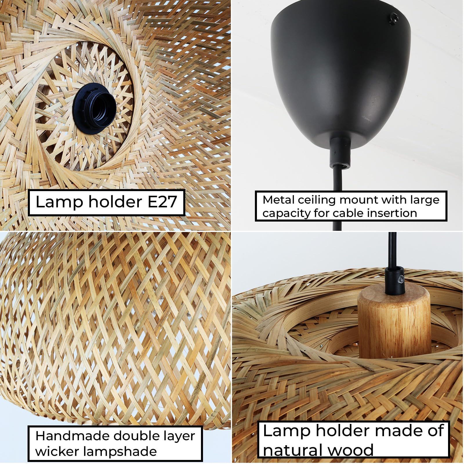 Alpinaluz Lámpara Colgante de Mimbre Beige ø480mm con Pantalla Doble Capa en Forma de Hemisferio, Portalámpara de Madera E27, Cable Negro Ajustable, Perfecta para Salón, Comedor y Dormitorio Interior
