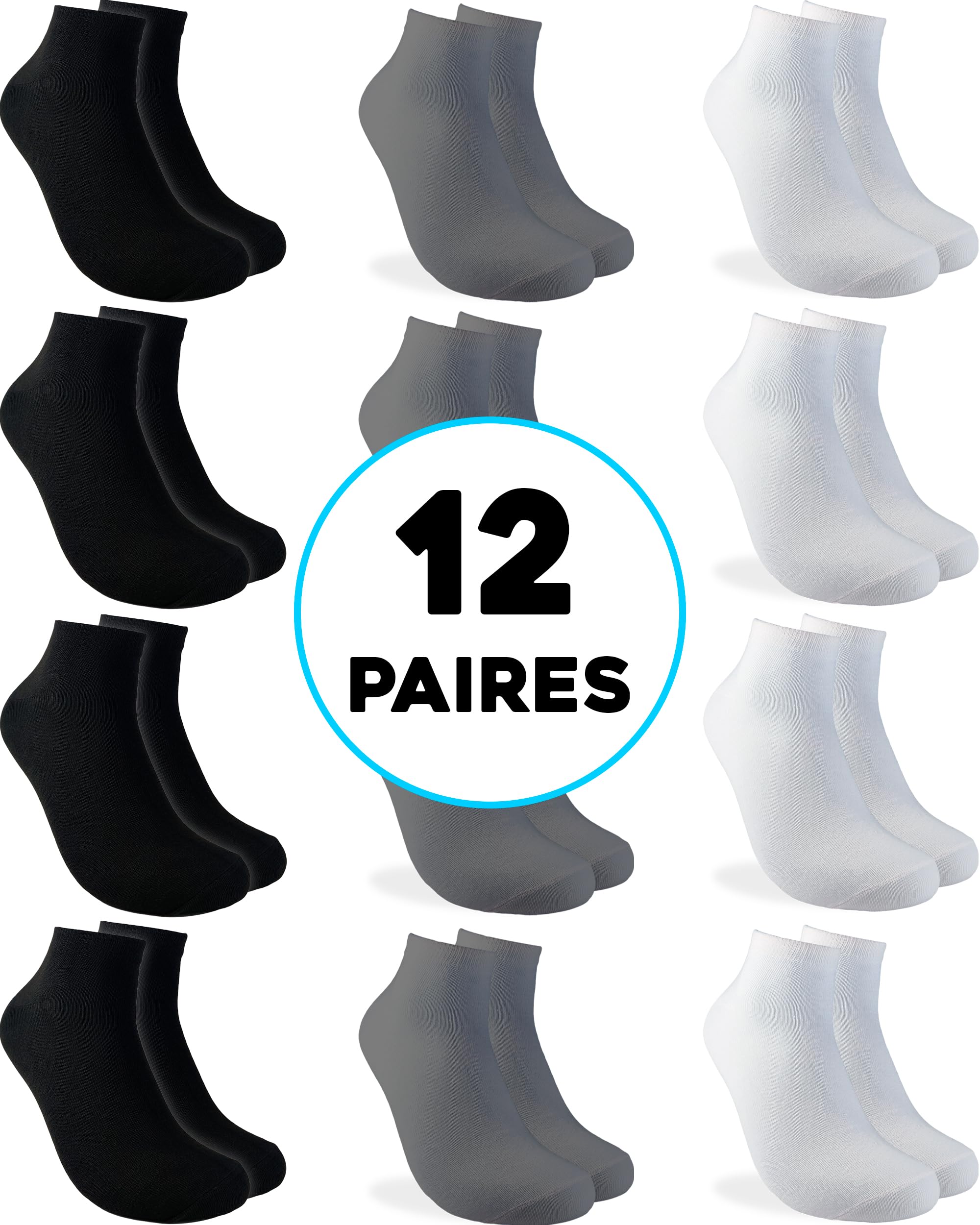 12 Paires Socquettes Homme et Femme - Chaussettes Basses Homme et Femme - Socquettes Courtes Coton Respirant