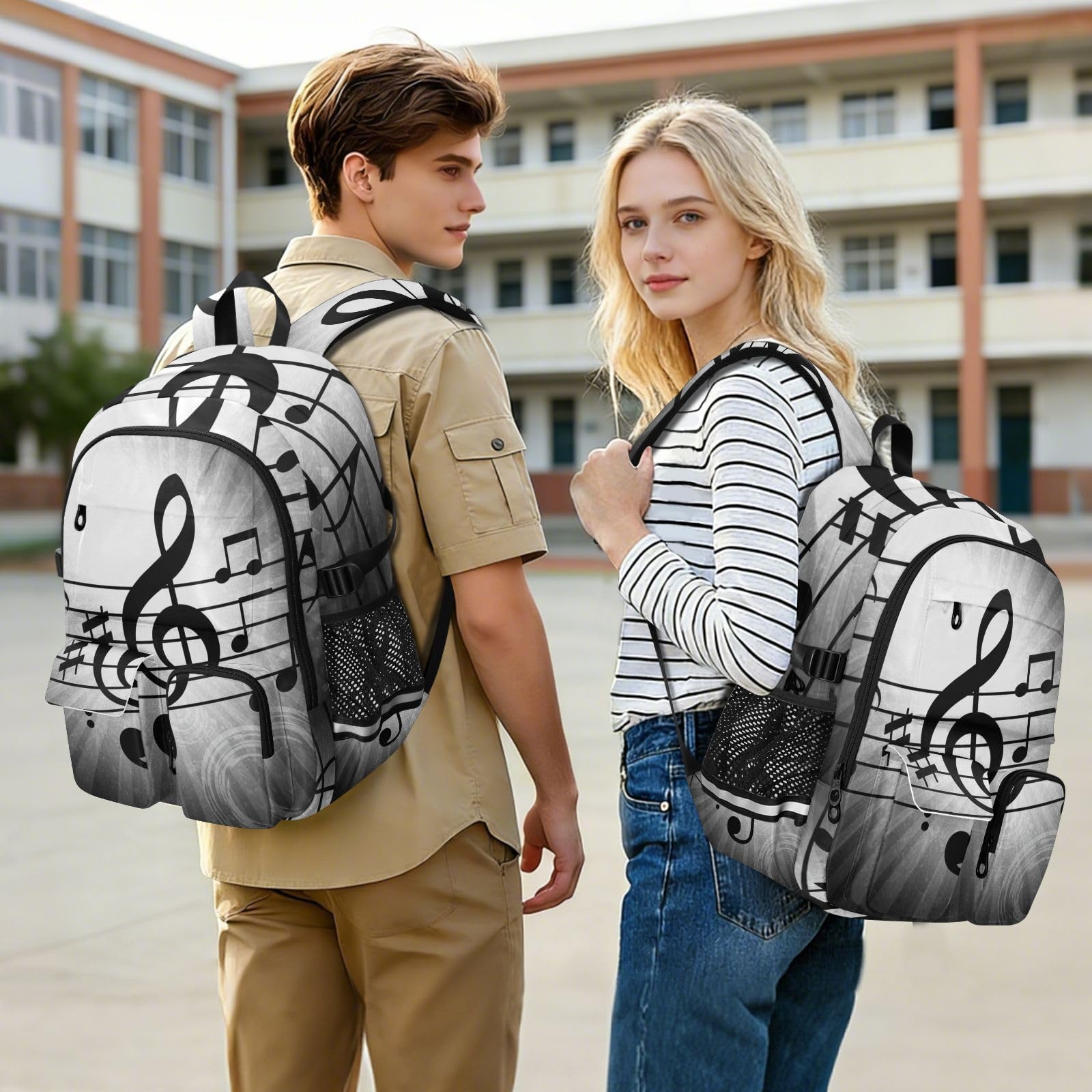 Mnsruu Musiknoten-Schulrucksack mit Laptopfach, große Schultasche für Teenager, Mädchen, Jungen, 17,5 cm Reiserucksack, Rucksack für Schule, Freizeit, Tagesrucksäcke, College, Arbeit