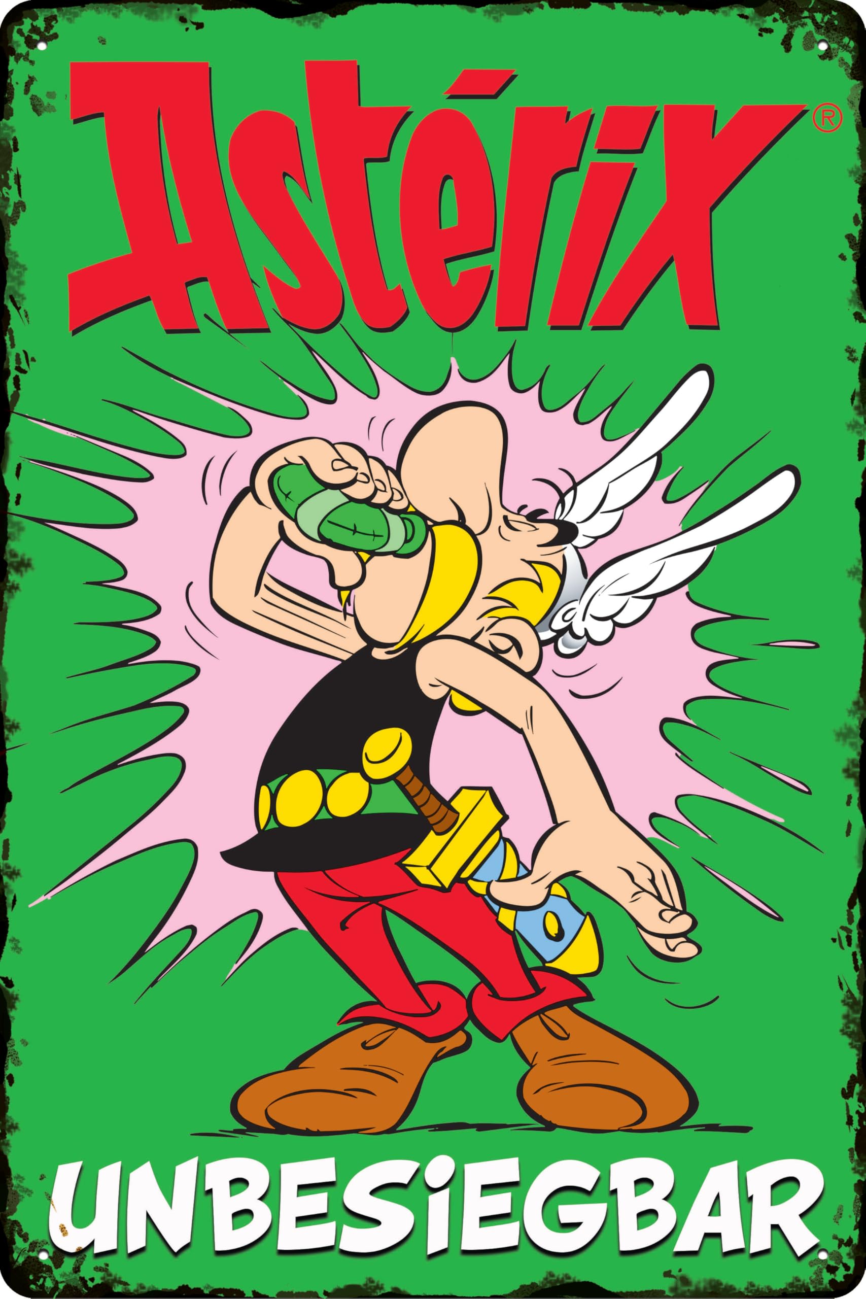 LUCKYLINDE - Retro Blechschild, ASTERIX und OBELIX, französiche kult Comic Serie, Deko Schild, 14 x 20 cm (Asterix – unbesiegbar (grün))