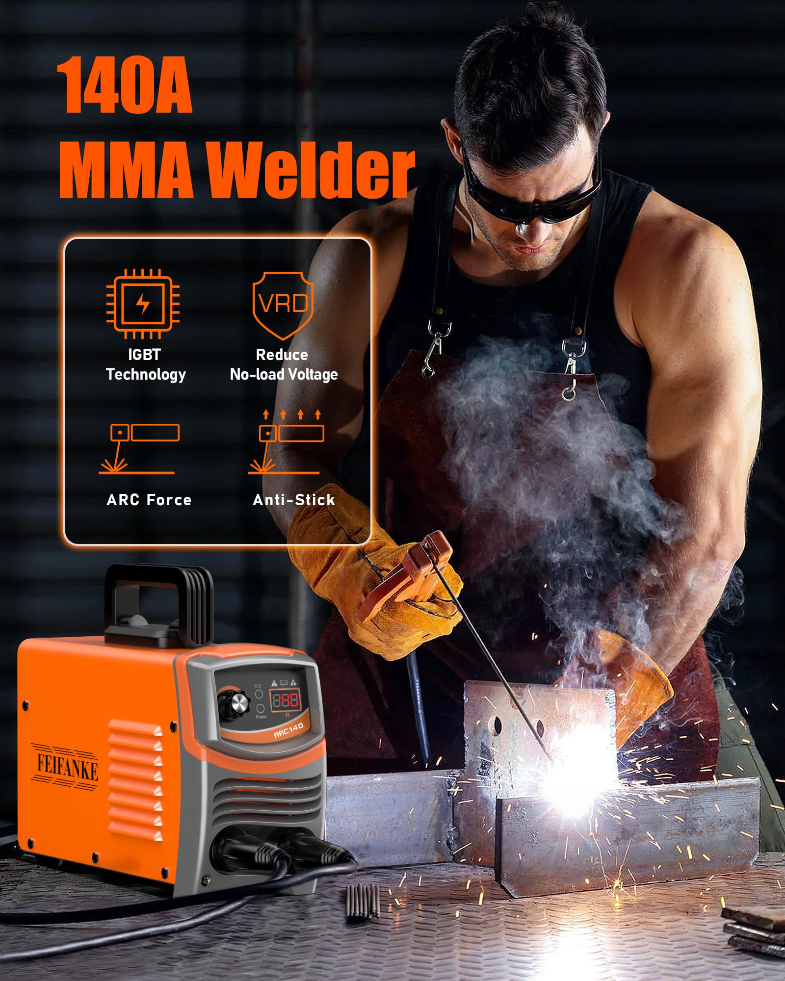 FEIFANKE ARC140 Soldadora Electrodo 140A Maquina de Soldar Compacto MMA/TIG Soldador Inverter con Electrodos IGBT Anti-stick,Hot Start,Anti-Caída,Para 1,6-3,2mm Alambres de Soldadura