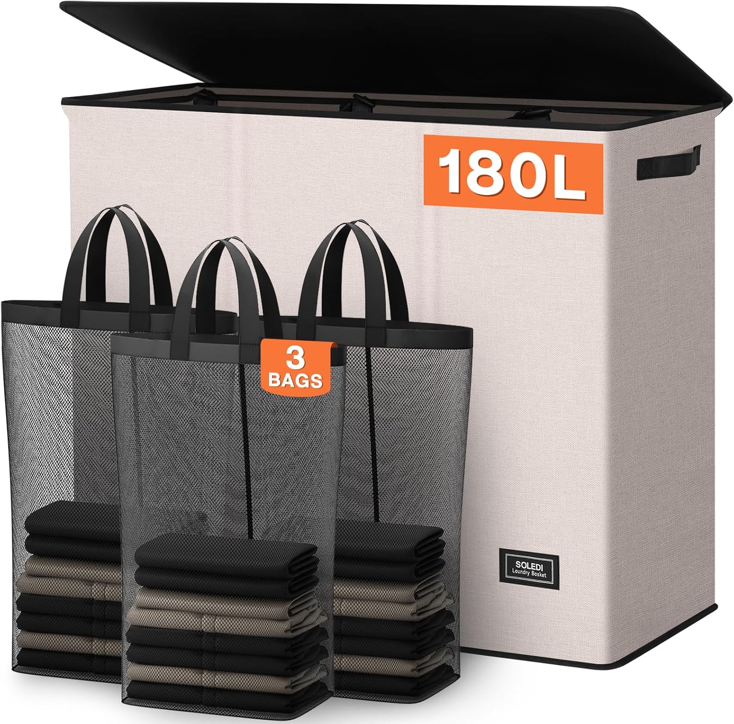 SOLEDI 180L Laundry Hamper 3 Section, Extra Large Laundry Hamper with Lid, Dirty Clothes Hamper with Sturdy Handle, Large Laundry Basket Organizer for Laundry Room, Bedroom, Hampers for Laundry