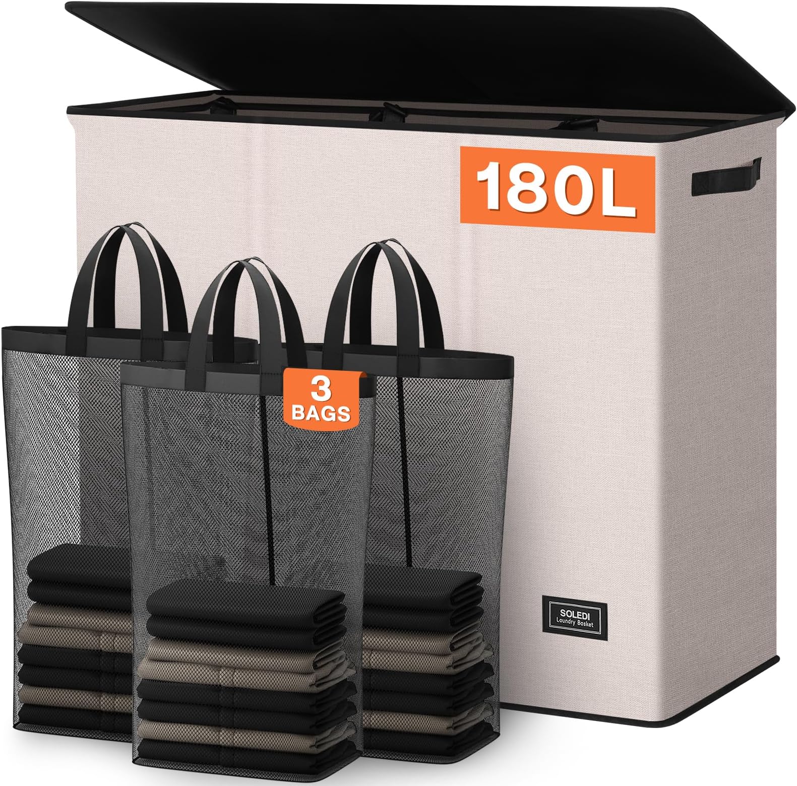 SOLEDI 180L 3-Section Laundry Hamper with Lid, Extra Large Dirty Clothes Basket with Sturdy Handles for Laundry Room & Bedroom - Durable Organizer for Sorting Laundry