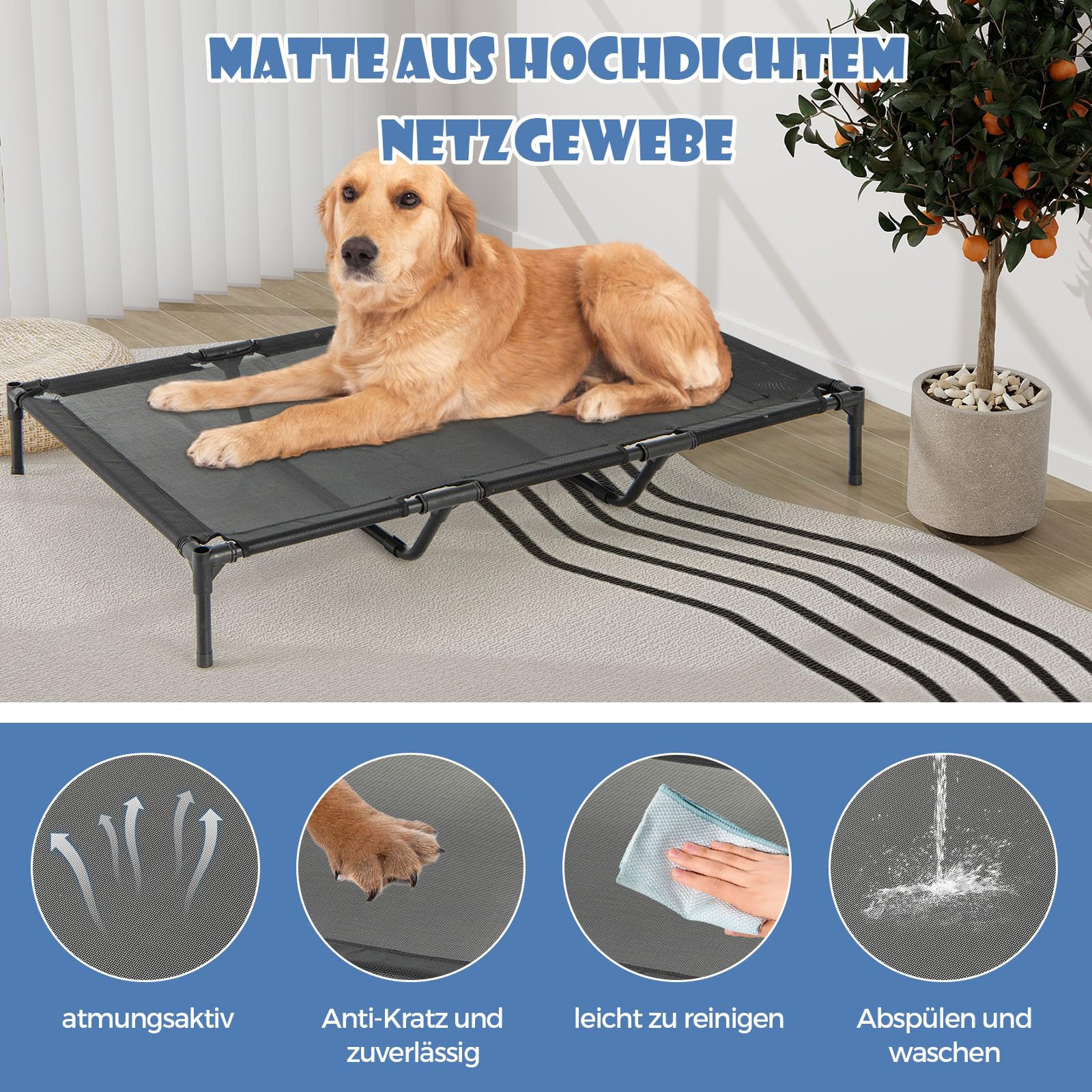 COSTWAY 2 in 1 Hundehütte & erhöhtes Hundebett, Hundeliege Outdoor, Haustierhaus mit atmungsaktivem Netzgewebe & Abnehmbarer Abdeckung, Hundehaus für große Hunde, Oxford, Grau (84 x 132 x 114 cm)