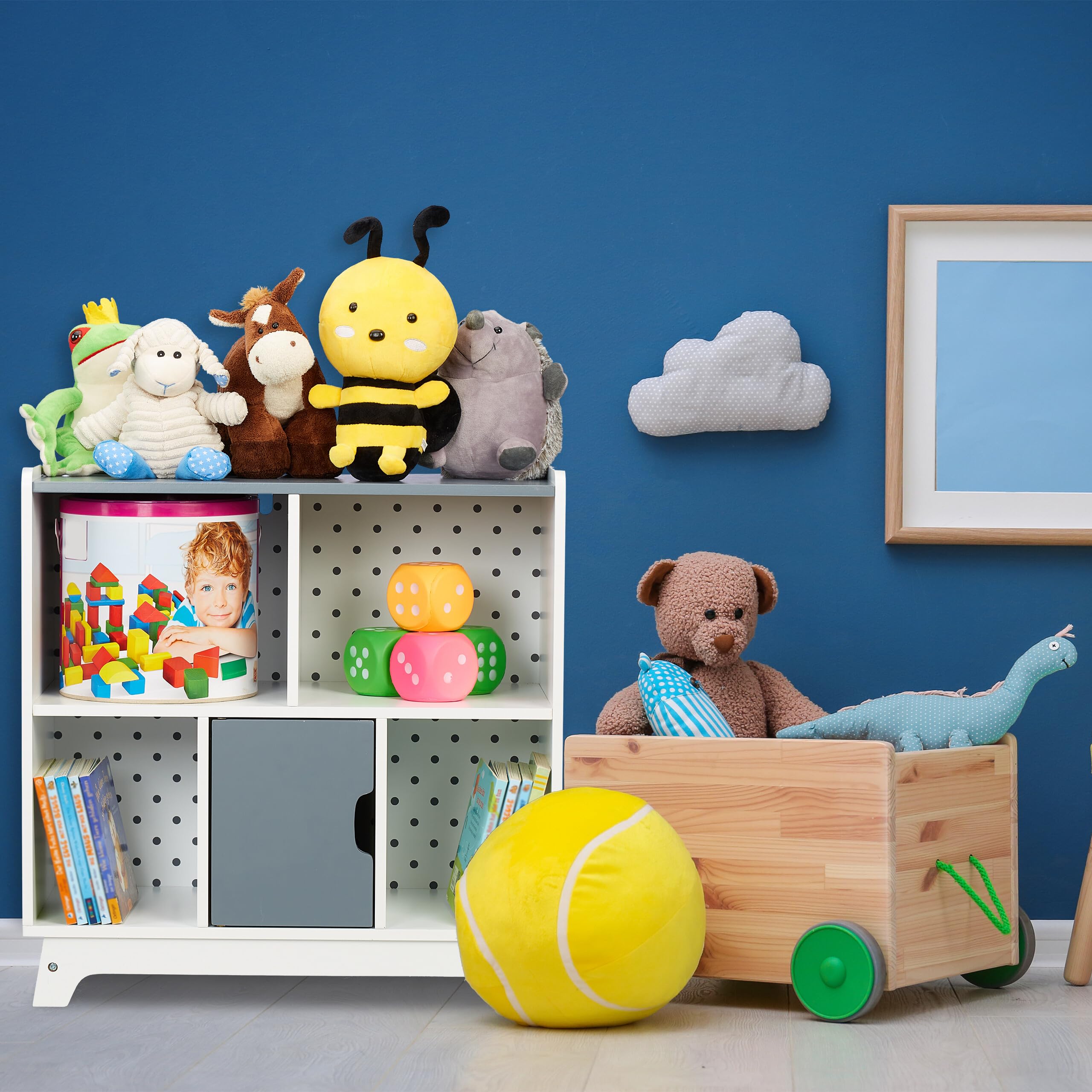 Relaxdays Scaffale Bambini 4 Scomparti Aperti 1 Porticina MDF 60x60x30cm Bianco Grigio