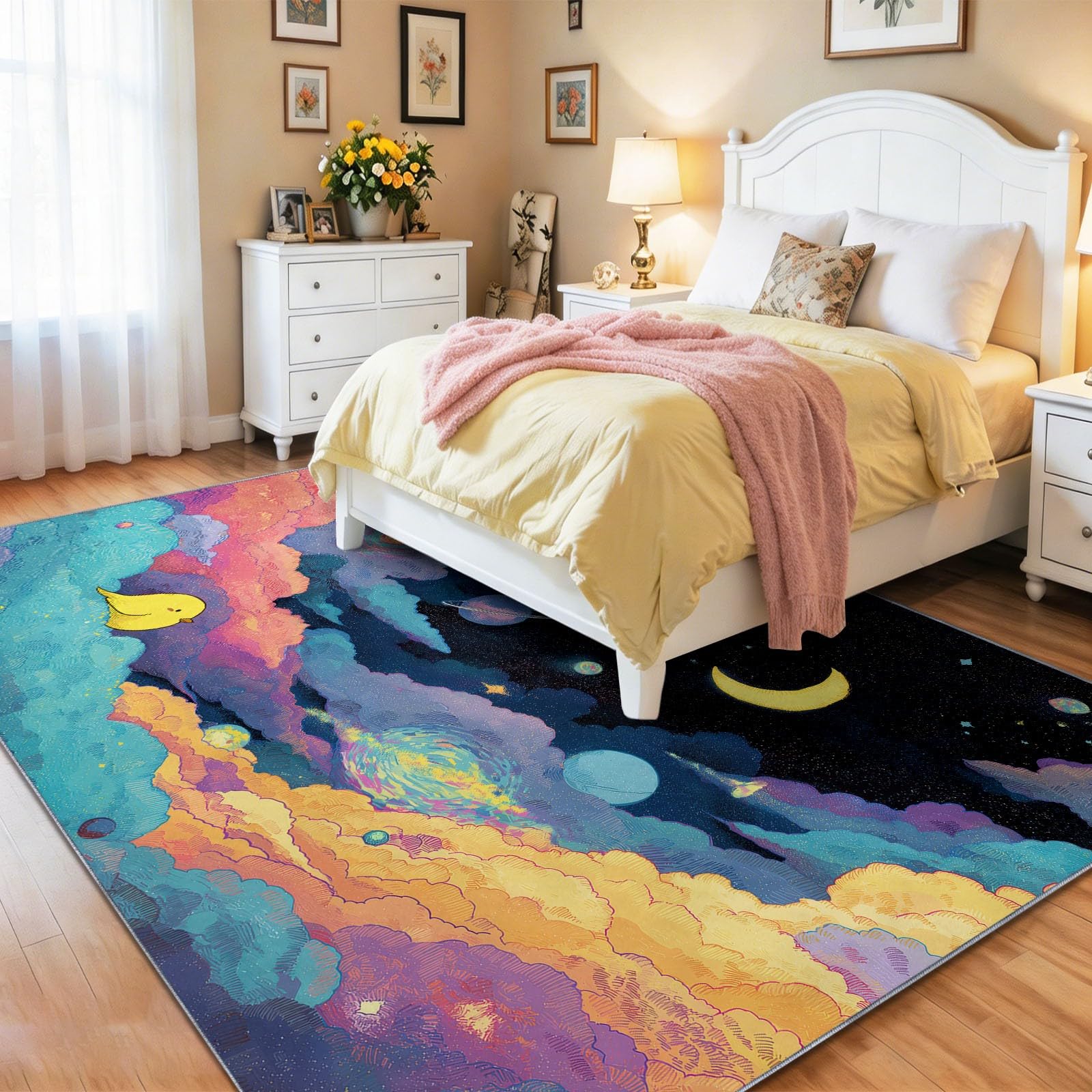 Tappeto lavabile per soggiorno, 80 x 150 cm, blu e giallo, stile bohémien, per cameretta dei bambini, stanza dei giochi, stampa di piccoli uccelli gialli e pianeti, design moderno, antiscivolo