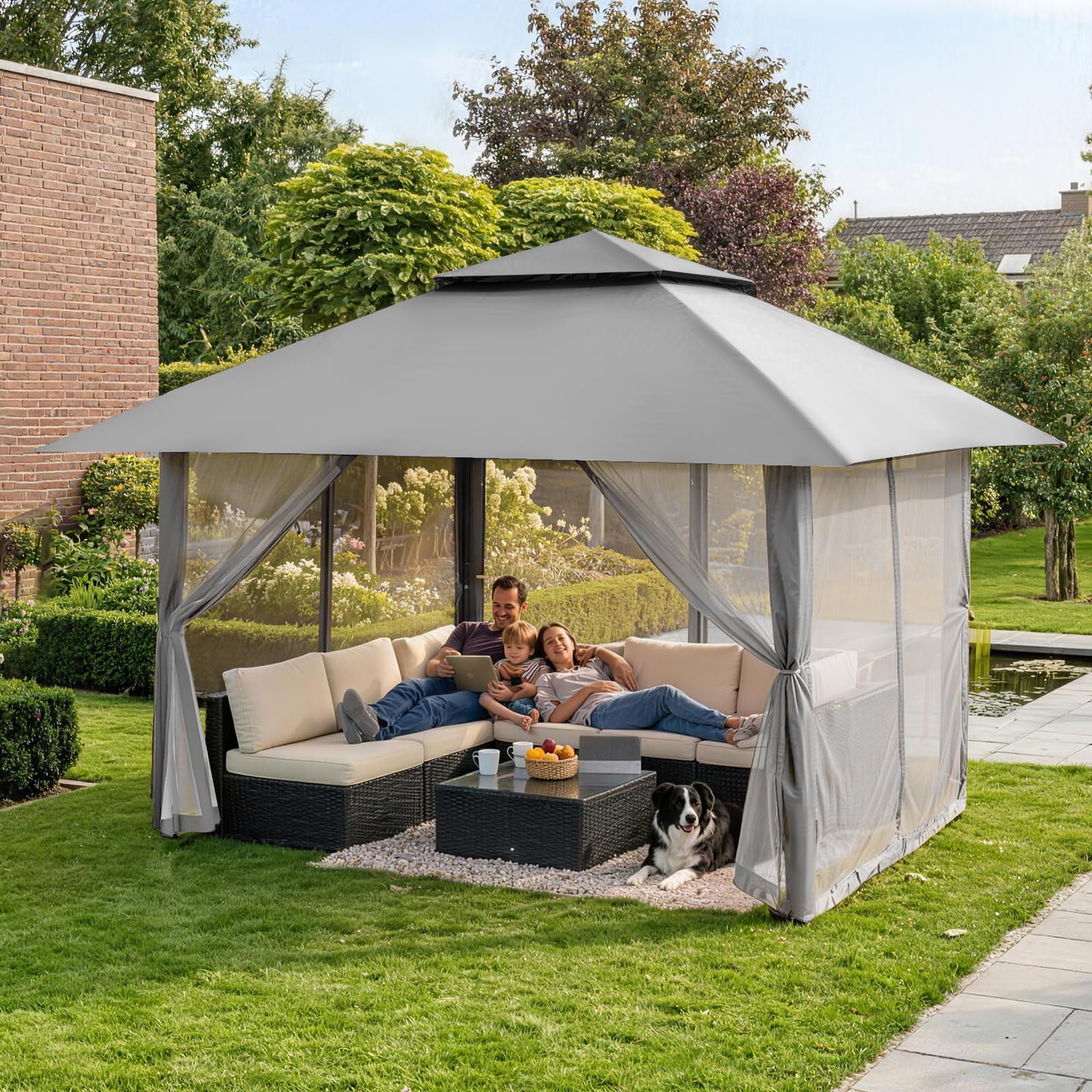 CROWN SHADES Tonnelle de Jardin 4x4 m Pop Up Gazebo Imperméable Abri Réglable en Hauteur Double Toit Côtés Maille Zippée Gris