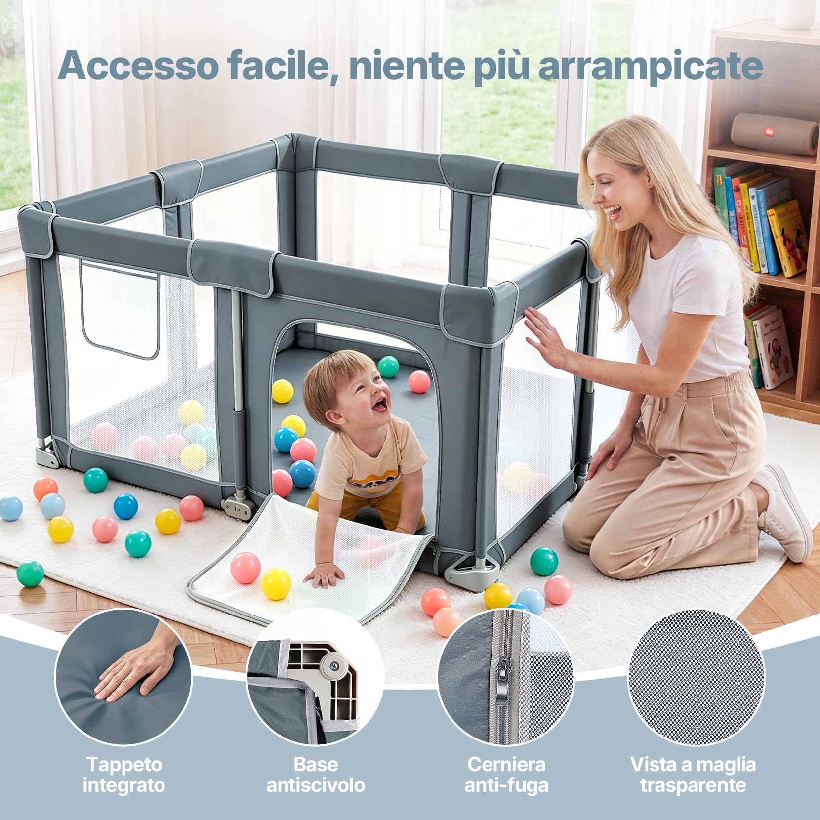 Dripex Box Bambini Pieghevole in Tessuto, 130x130 cm, con Tappeto Imbottito, Recinto Giochi Bebé Grigio Scuro, Area Gioco Protetta per Interno ed Esterno, con Borsa Trasporto, Anelli e Palline