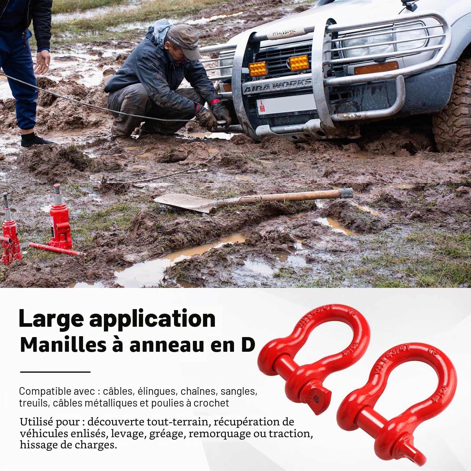 FreeTec Manille 4x4, 4,75 Tonnes Manille de Levage, 3/4" Manilles de Remorquage 4x4, Manilles Acier Galvanisé de Traction de Remorque pour Jeep Voiture Camion (Rouge)