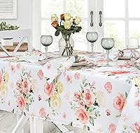 Vista 8 de Newbridge Mantel cuadrado de tela con diseño de pétalos de rosa amarillo y rosa, 52 x 52 pulgadas, resistente a las manchas y a las arrugas