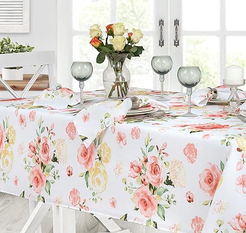 Miniatura 8 de Newbridge Marie - Mantel cuadrado de tela con diseño de pétalos de rosas amarillas y rosas, 52 x 52 pulgadas, resistente a las manchas y a las
