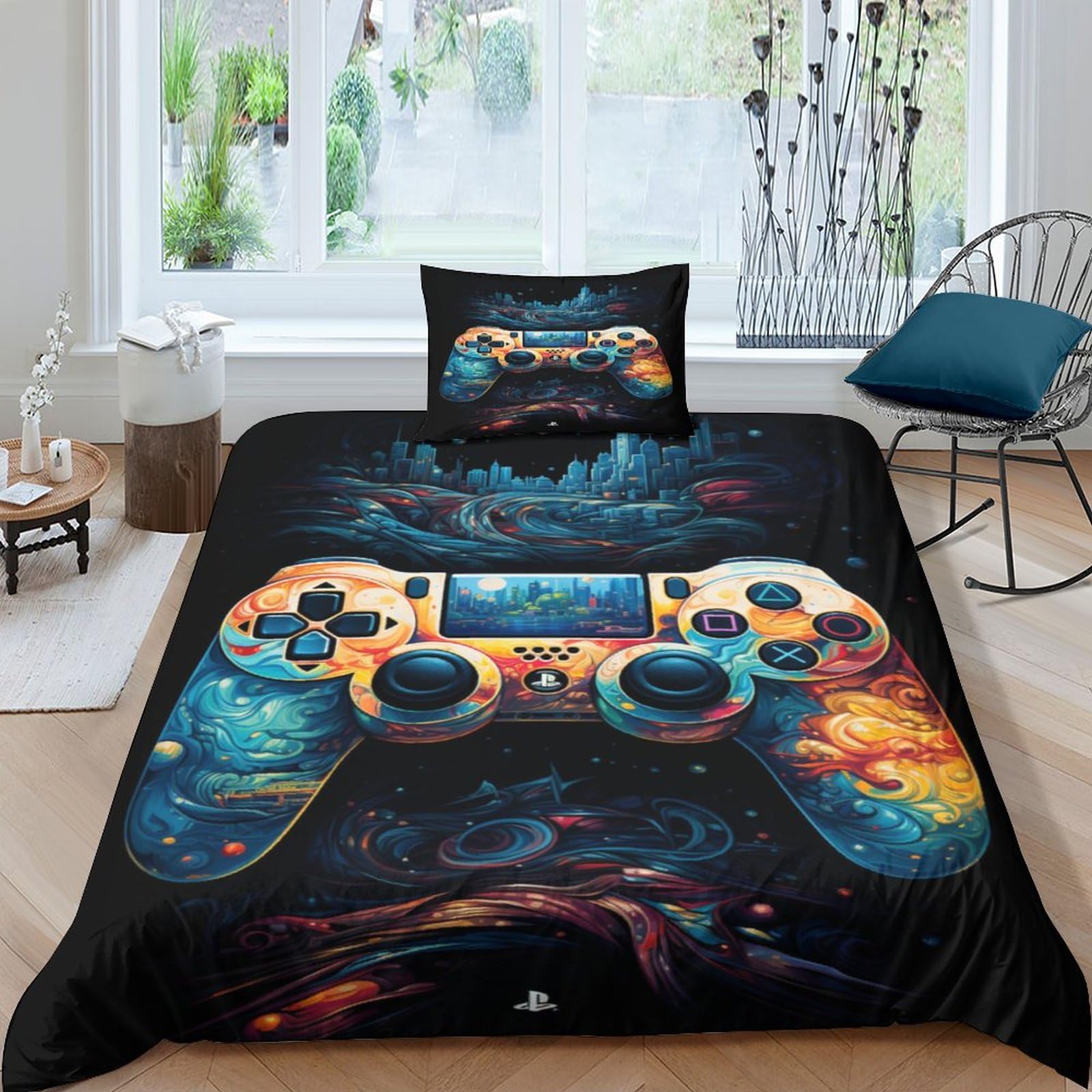 Parure de lit gamer en microfibre housse de couette 135x200cm et taie d'oreiller joueur3D
