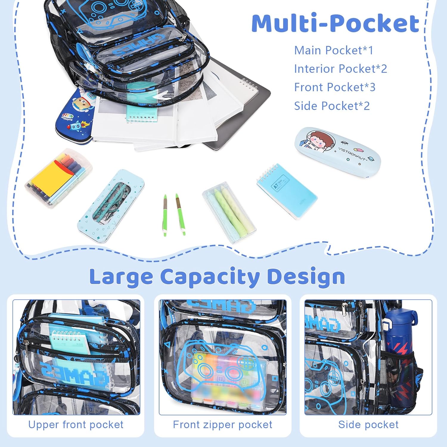 Clear Backpack for Boys - 3 Pcs Game Clear Backpack Heavy Duty with Lunch Bag - See Through Bookbag Stadium Approved for Kids Middle High College School Travel (Blue Print Game) - Image 3
