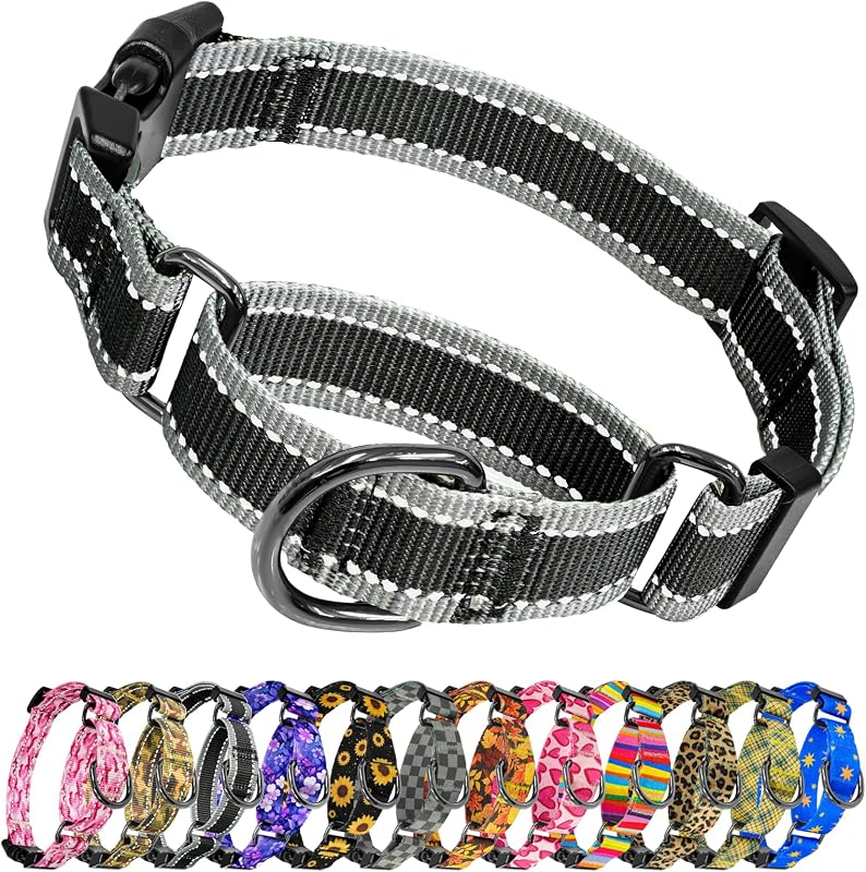 Coleira Martingale Refletiva para Cães kazazoo com Fivela de Engate Rápido e Nylon Macio Preta (L)
