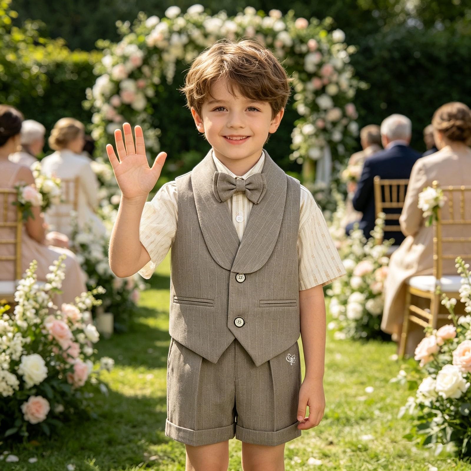 Jungen Anzug 4 Teilig Sommer Kinderanzug Elegant Kurzarm Gestreift Hemd Weste Shorts Fliege Freizeit Fest Geburtstag Party Atmungsaktiv Bequem für Jungen Kleinkinder