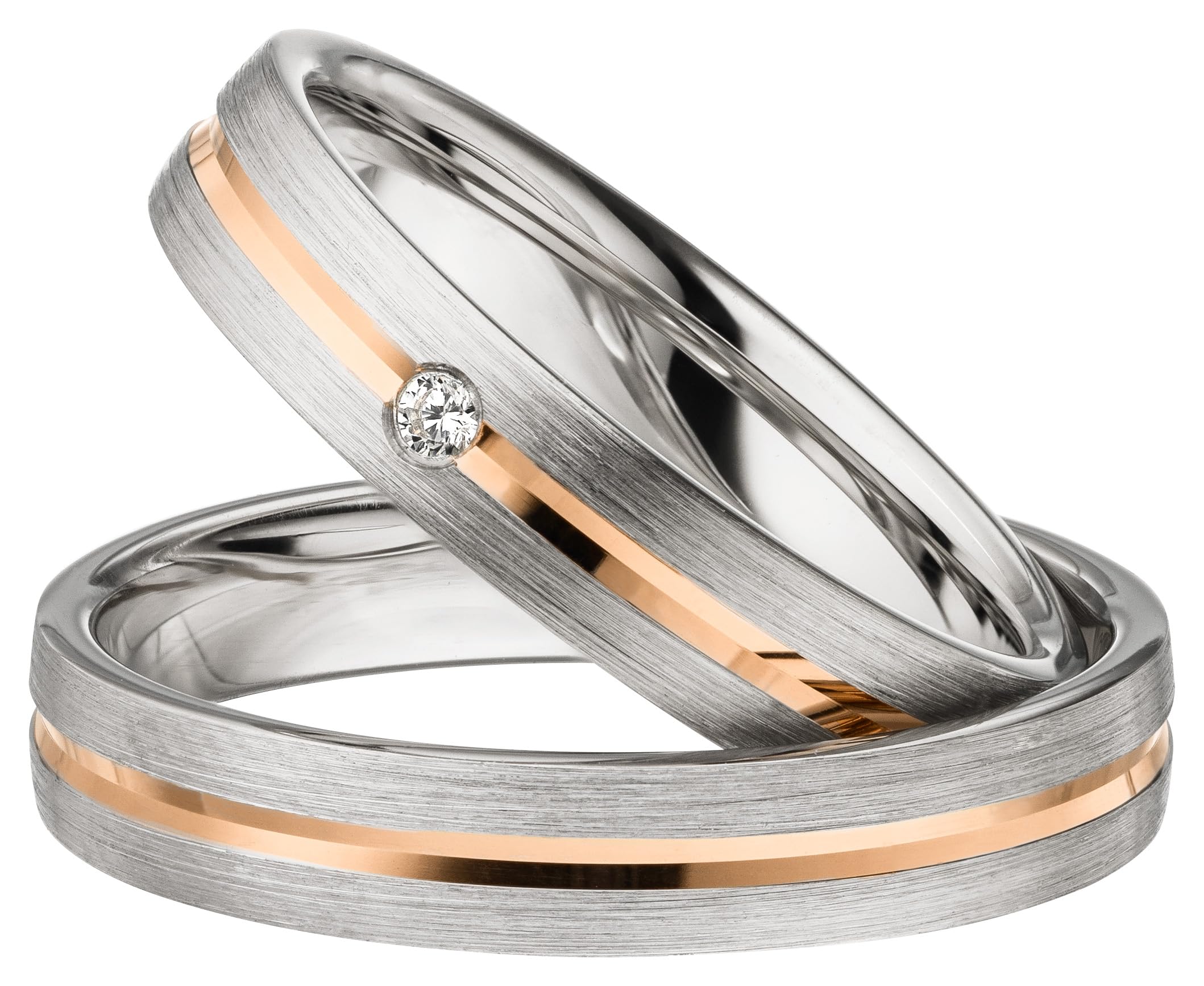 Kolibri Rings Eheringe Paar-Set 925 Silber rhodiniert, Längsmatt Rot vergoldete Glanzfuge mit Zirkonia | Partnerringe, Trauringe Paarpreis | Made in Germany + Gratis Gravur + Etui