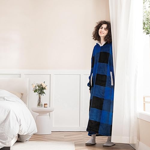 Miniatura 4 de HBlife - Manta larga de gran tamaño con capucha para adulto. Manta gruesa de sherpa con mangas elásticas y bolsillos gigantes, súper cálida y