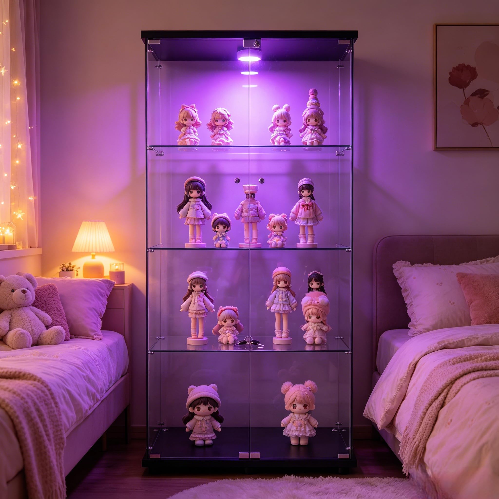 Szklana gablota LED, 164x80x36,5 cm Szklana szafka ekspozycyjna z zamkiem LED i 2 drzwiami 4 Półki Duża przezroczysta szafka do salonu (2 drzwi 4 warstwy+światła, czarny)