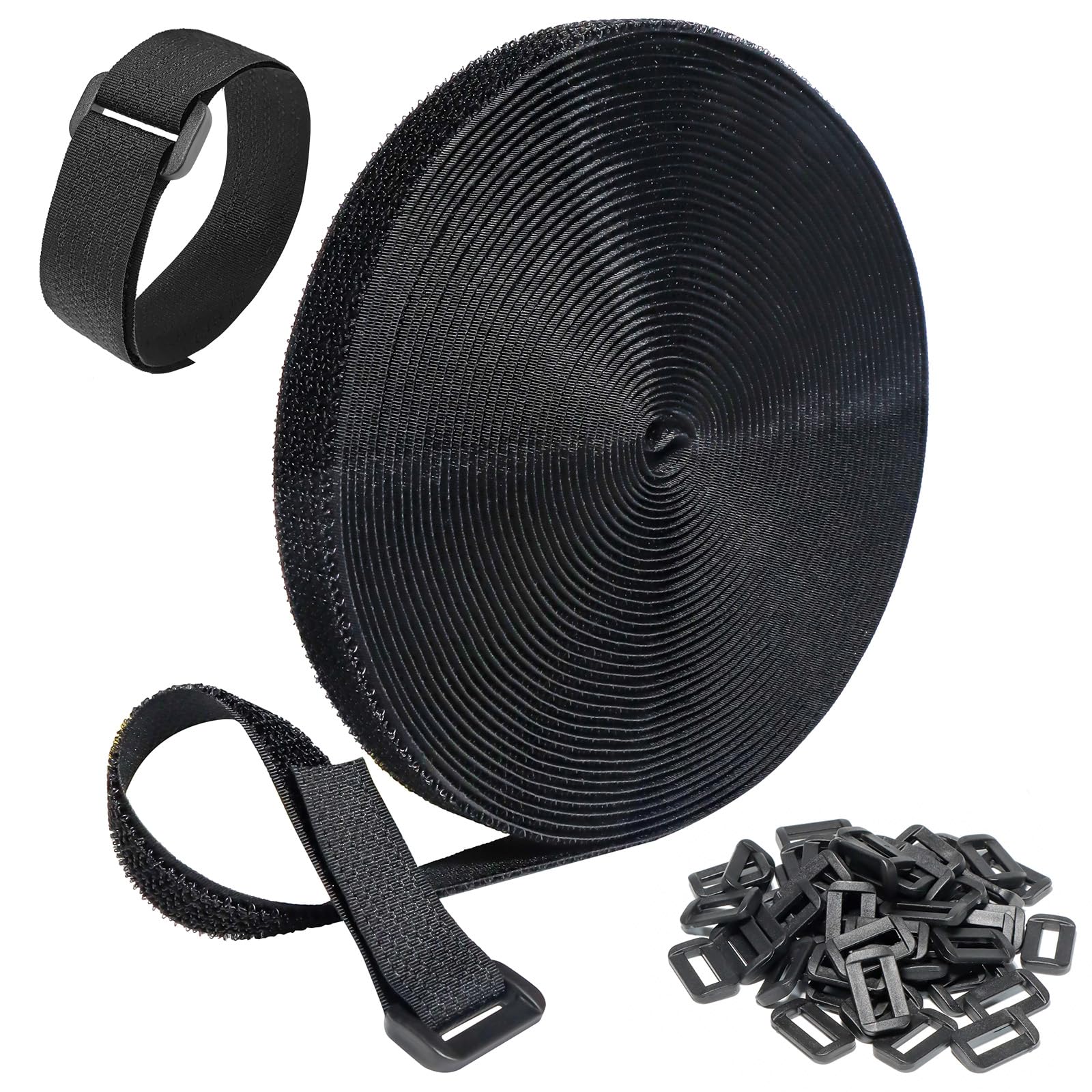 Guiga Black/White 2Cm X5m Hook And Loop Straps With 30 Buckles, Adjustable Fastening Cable Straps, Cut-To-Length Reusable Cable Ties, Nylon Securing Cinch Strap For Home And Office Cable Storage, W: 2Cm