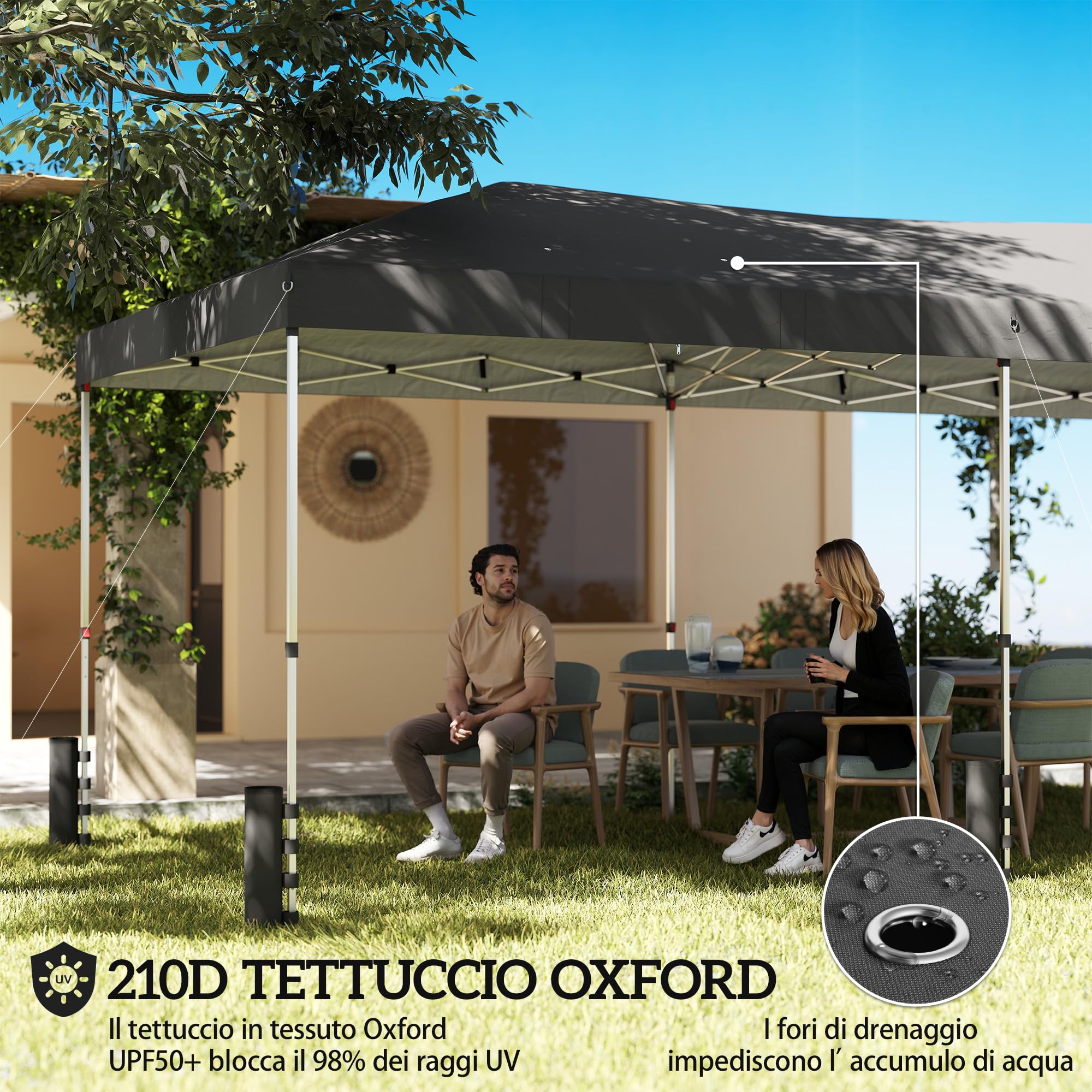 Outsunny Gazebo Pieghevole 3x6m Pop Up con 6 Pareti Laterali e Finestre in Rete, Gazebo da Giardino Altezza Regolabile con Sacchi di Sabbia, Borsa a Ruote, UV50+ per Esterno Feste, Grigio Scuro